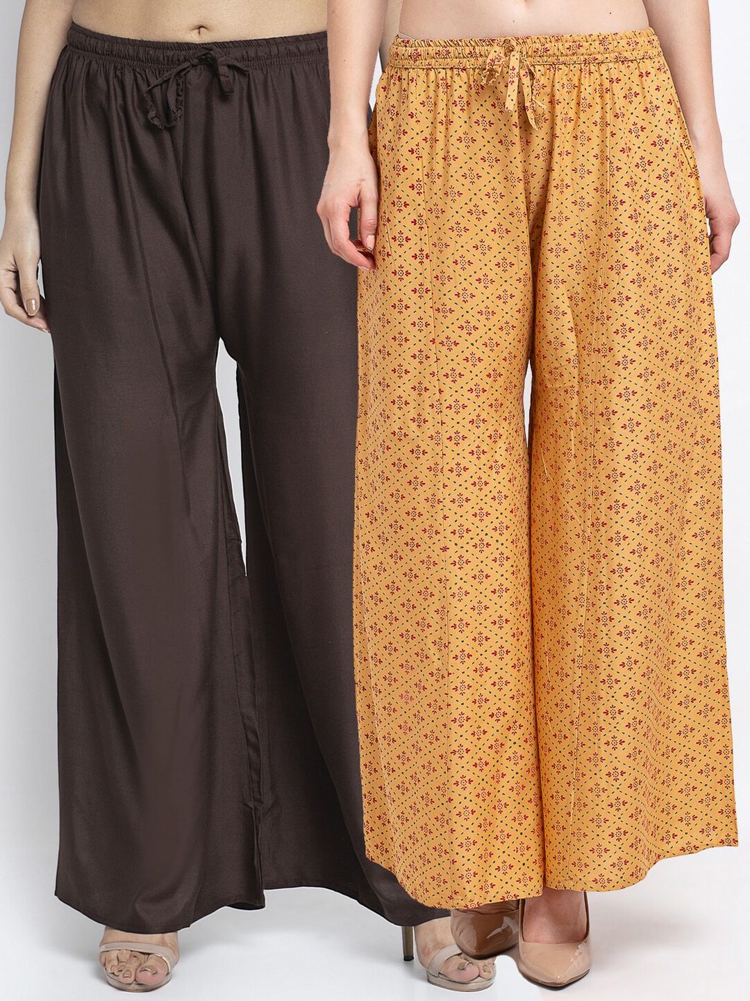 GRACIT Women Pack Of 2 Brown & Yellow Floral Printed Flared Knitted Ethnic Palazzos Price in India