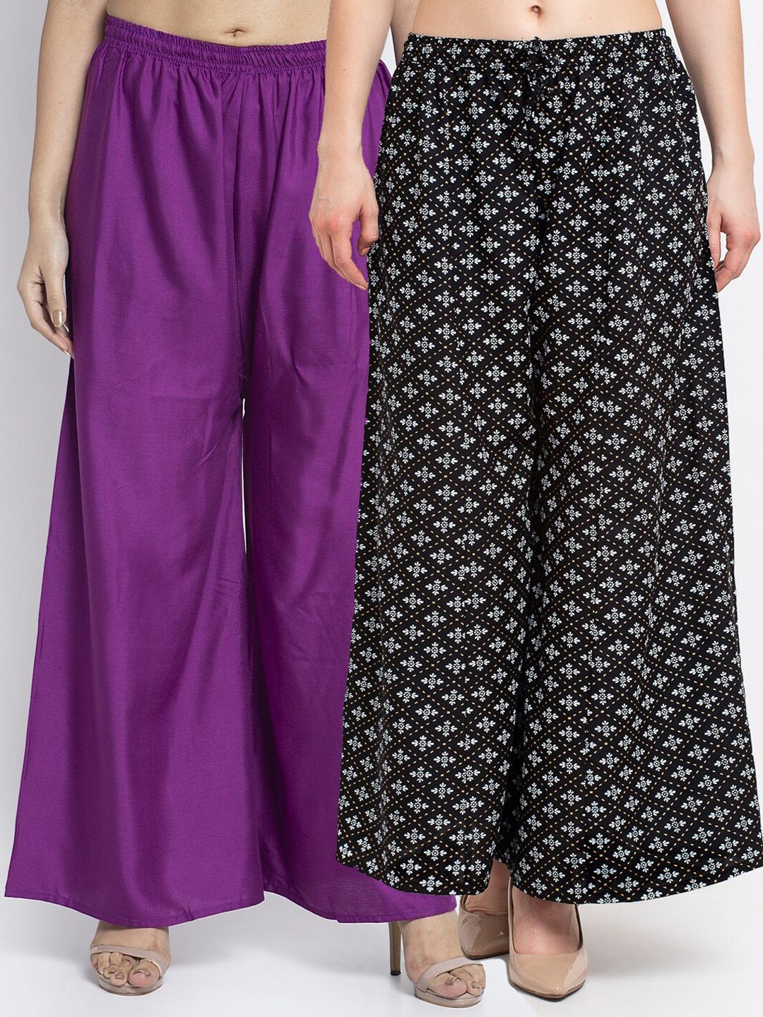 GRACIT Women Pack Of 2 Purple & Black Floral Printed Flared Knitted Ethnic Palazzos Price in India