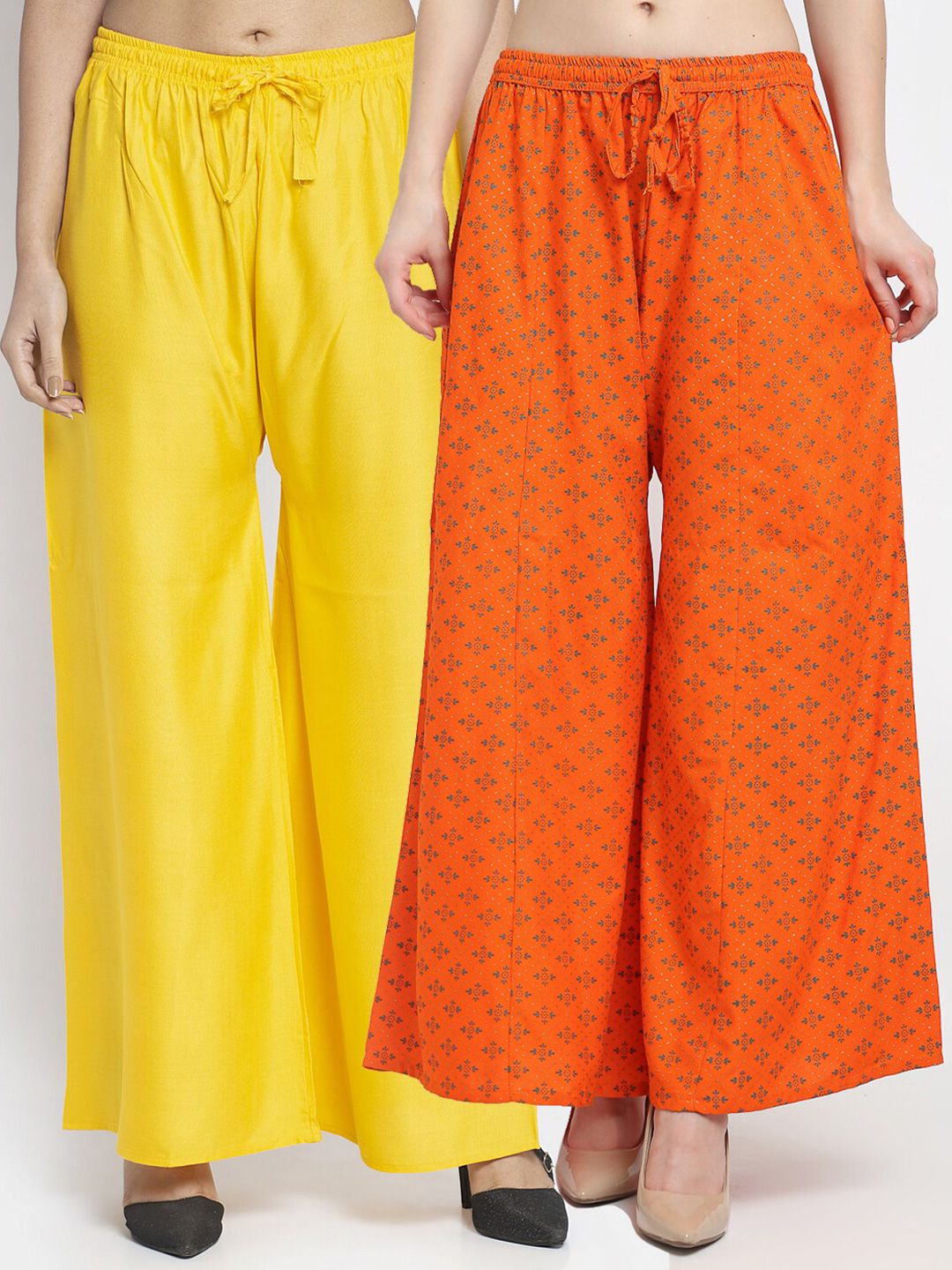 GRACIT Women Pack Of 2 Yellow & Orange Floral Printed Flared Knitted Ethnic Palazzos Price in India