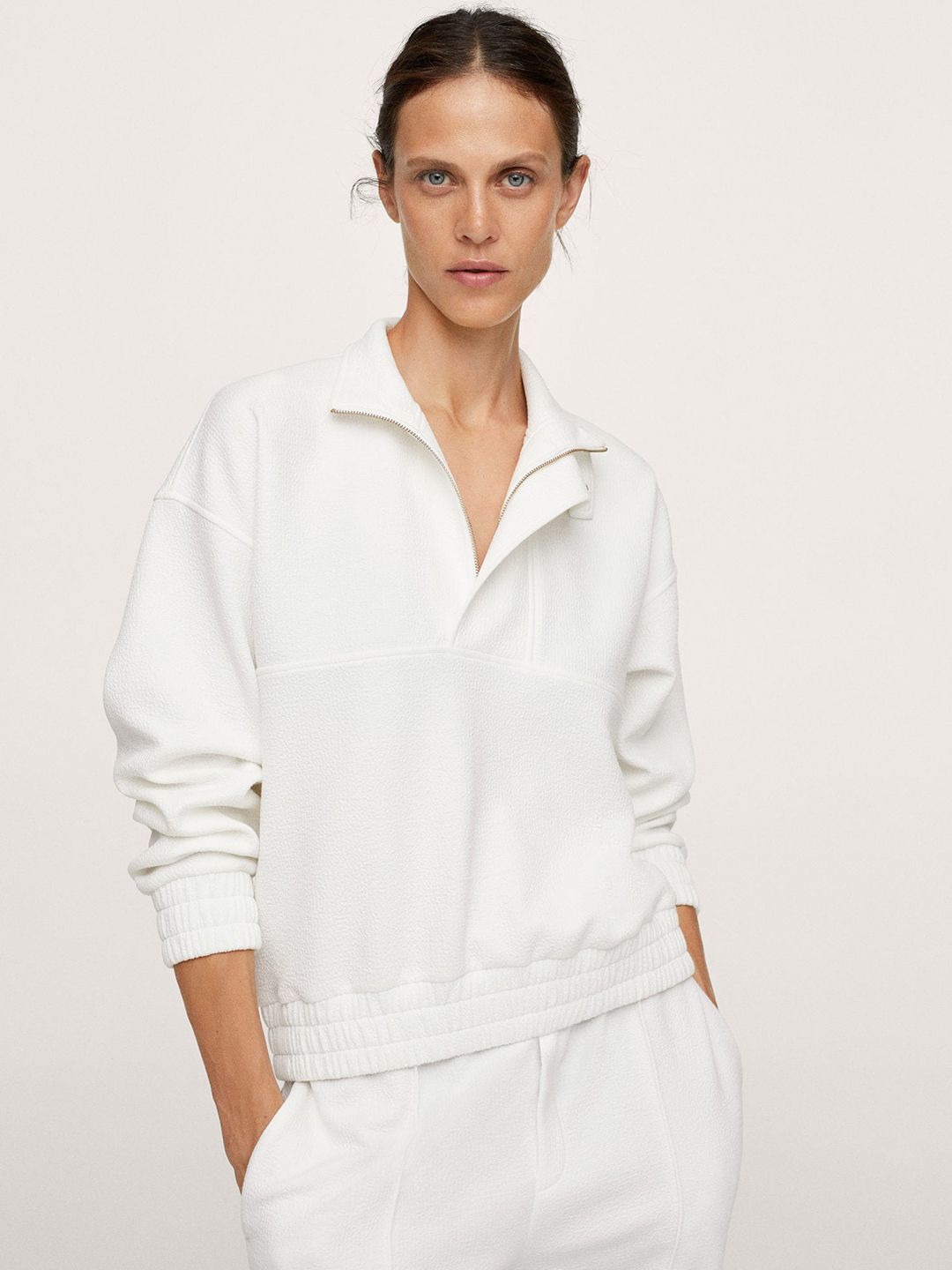 MANGO Women White Oversized Textured Effect Sweatshirt Price in India