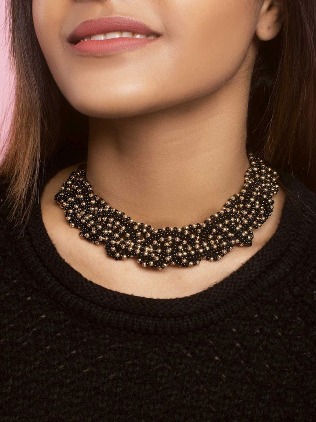 ToniQ Black & Gold-Toned Beaded Choker Necklace Price in India