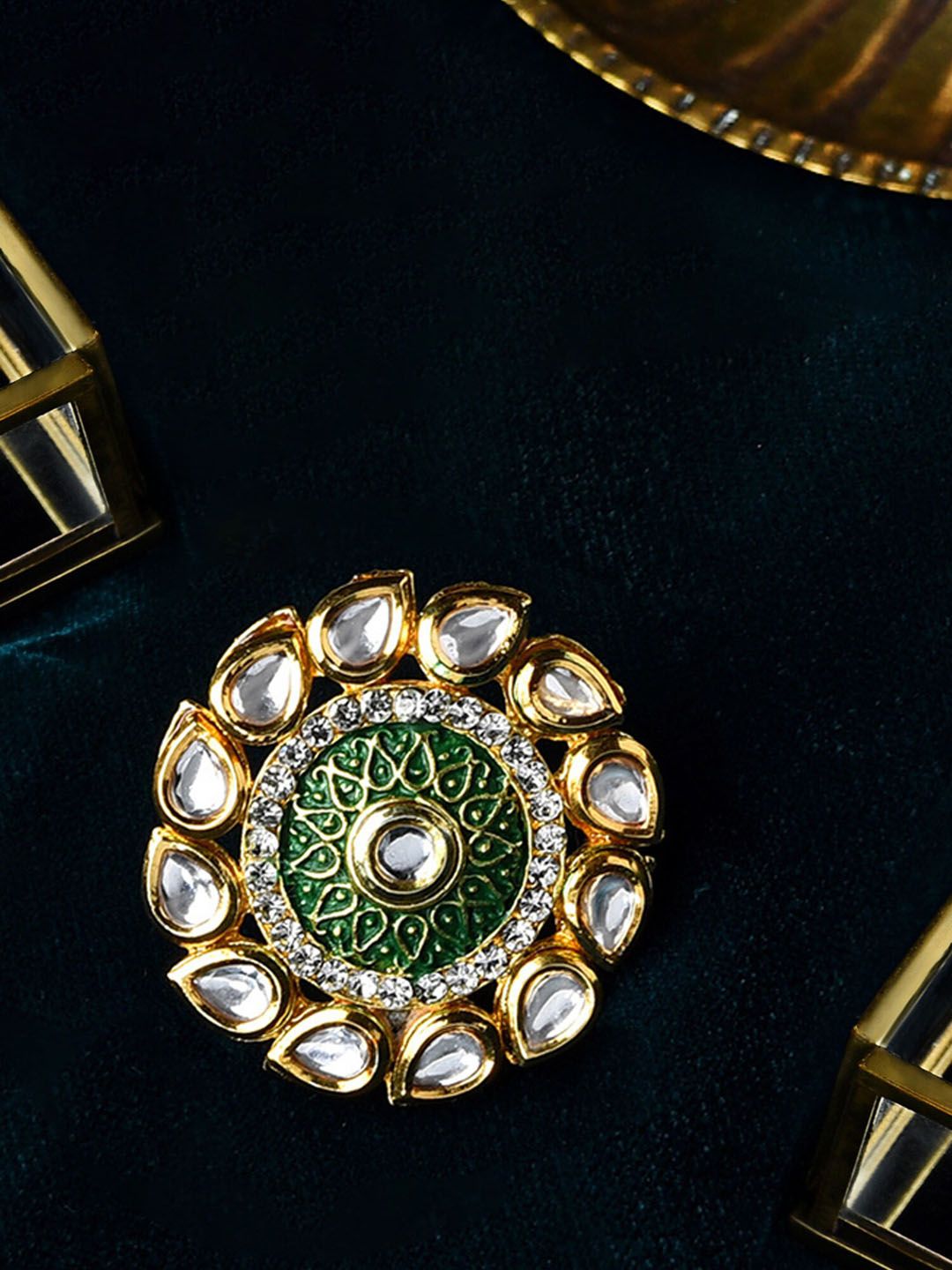 Zaveri Pearls Gold-Plated & Green & White Kundan Stone Studded Meenakari Adjustable Finger Ring Price in India