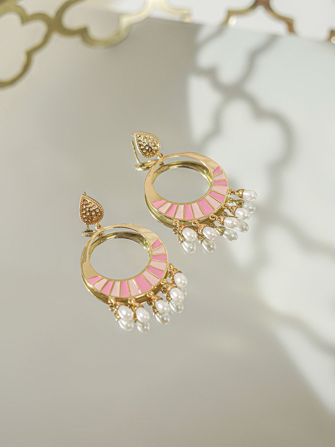 Mikoto by FableStreet Gold-Toned & Peach-Coloured Crescent Shaped Chandbalis Earrings Price in India