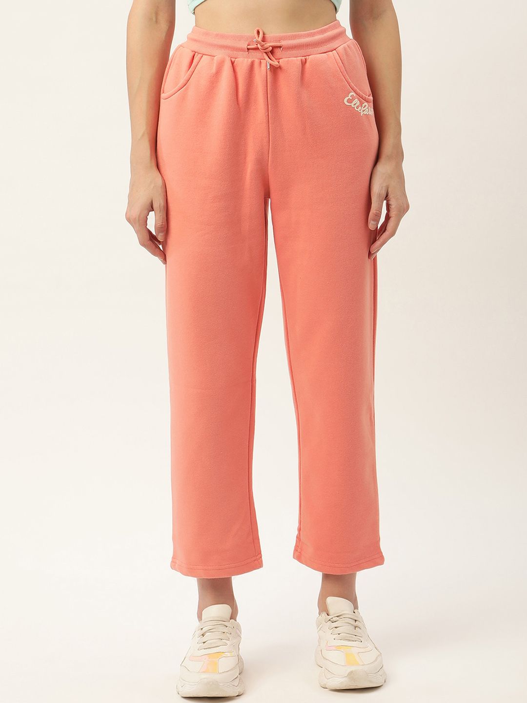 ELLE Women Peach Solid Pure Cotton Track Pants Price in India