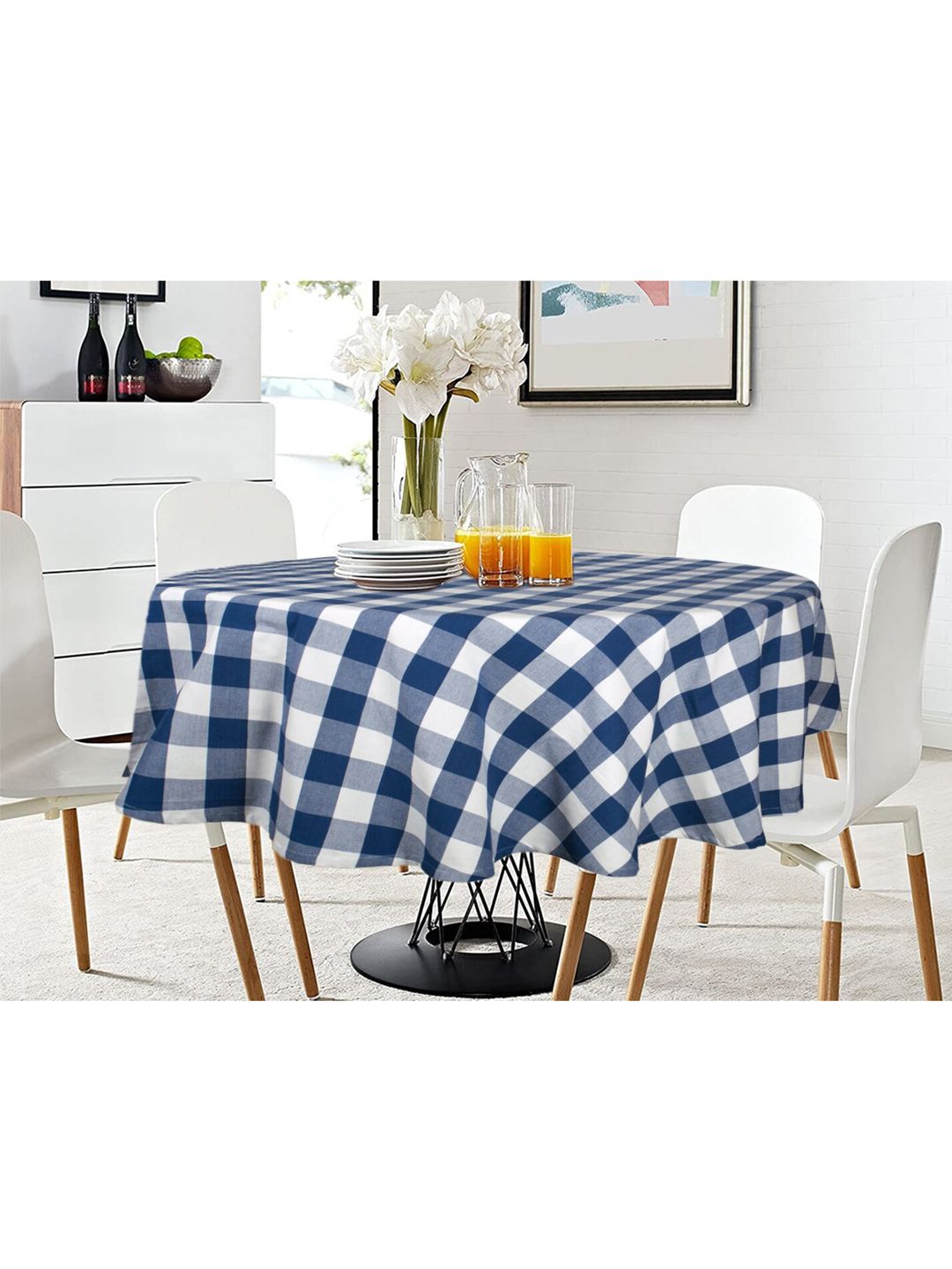 Lushomes 6 Seater Blue & White Checked Round Cotton Table Cover Price in India