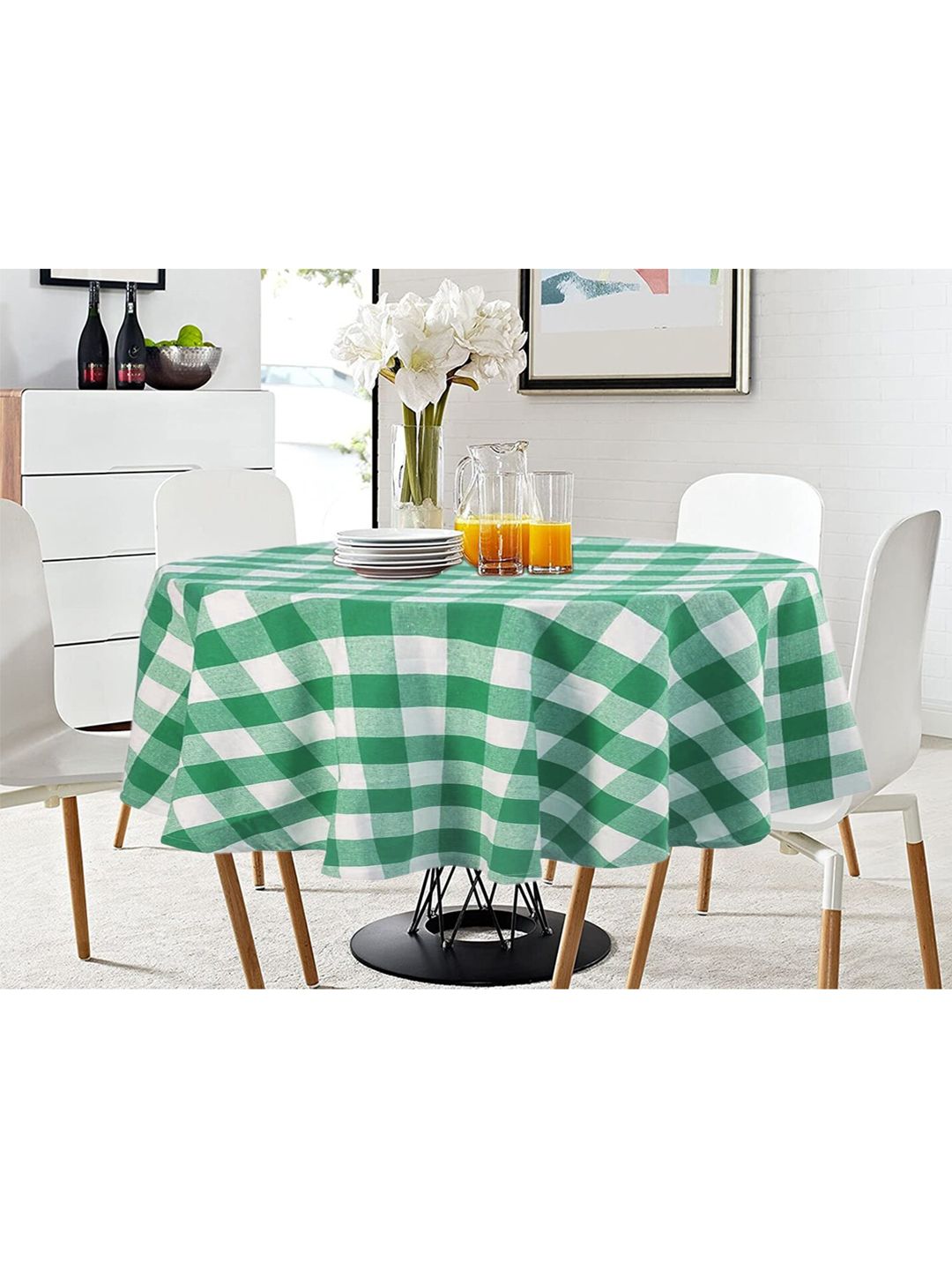 Lushomes Green & White Cotton Buffalo Checks Plaid Dining Table Cover Price in India