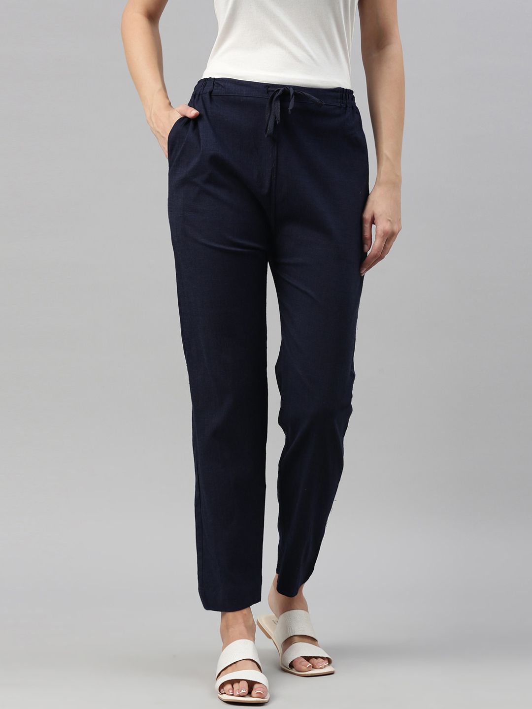 Kryptic Women Navy Blue Slim Fit Easy Wash Trousers Price in India