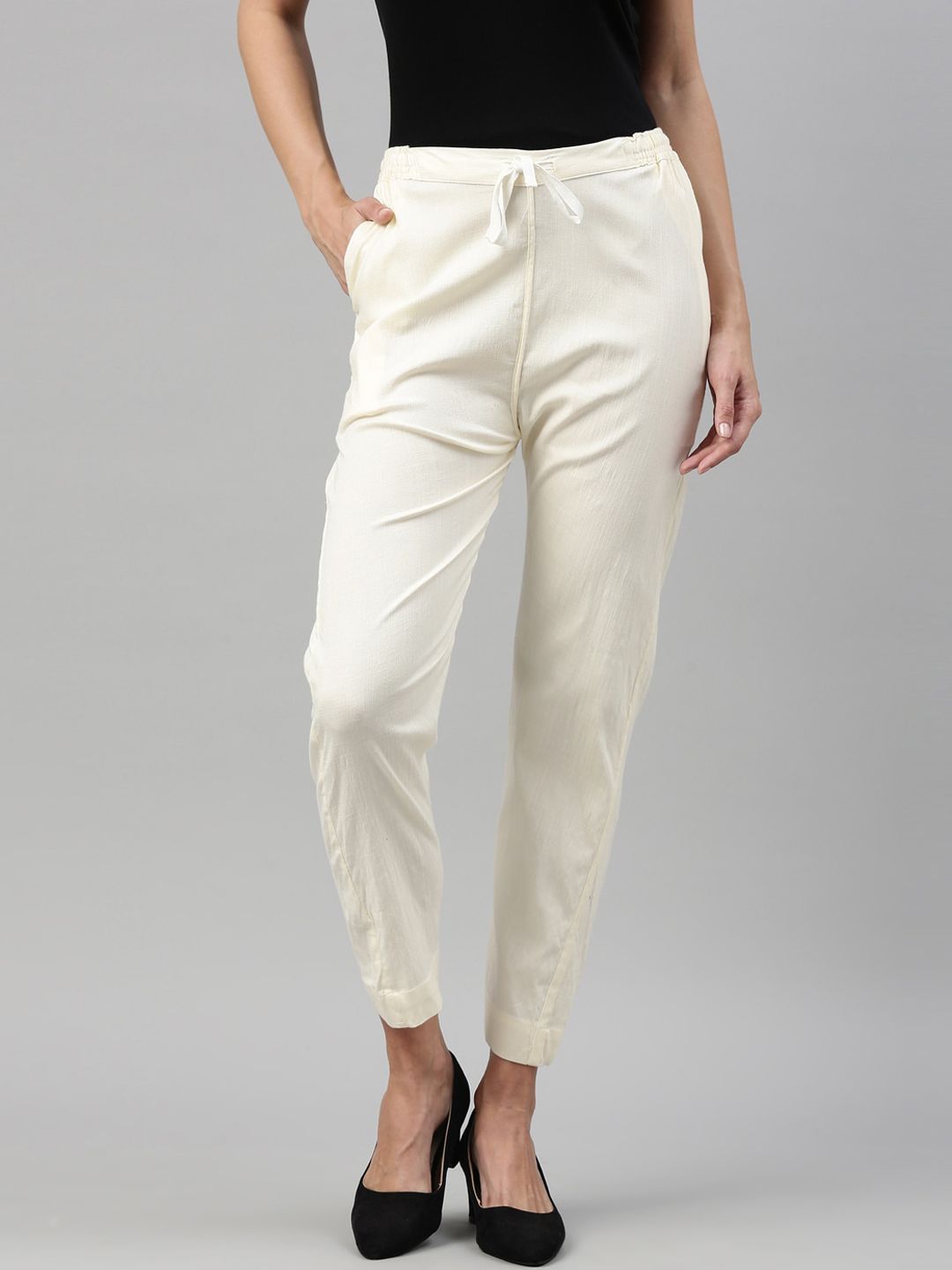 Kryptic Women Off White Slim Fit Easy Wash Trousers Price in India