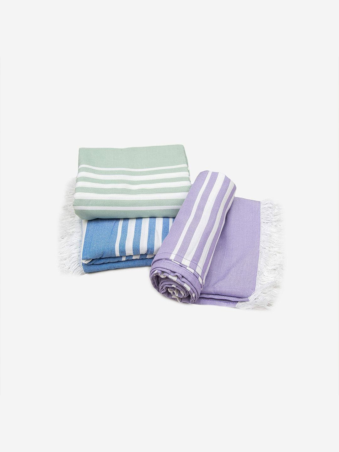 MUSH Pack of 3 Green & Blue Striped Bamboo 300 GSM Quick Dry Turkish Bath Towels Price in India