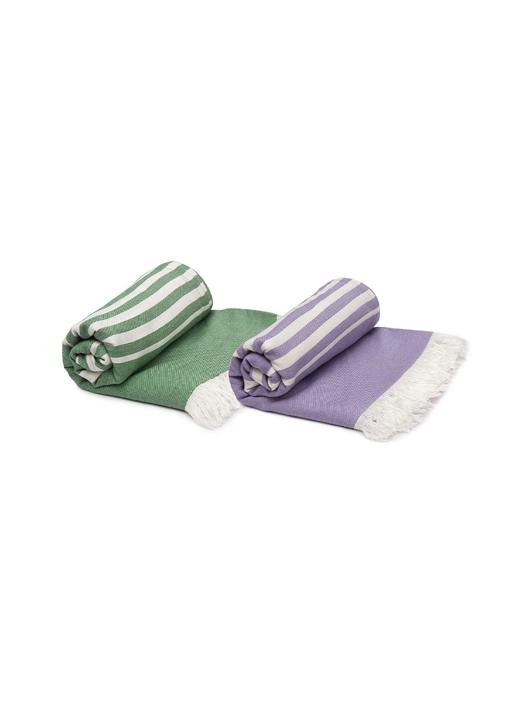 MUSH Set of 2 Dark Green & Lavender Striped Bamboo 300 GSM Quick Dry Turkish Bath Towels Price in India