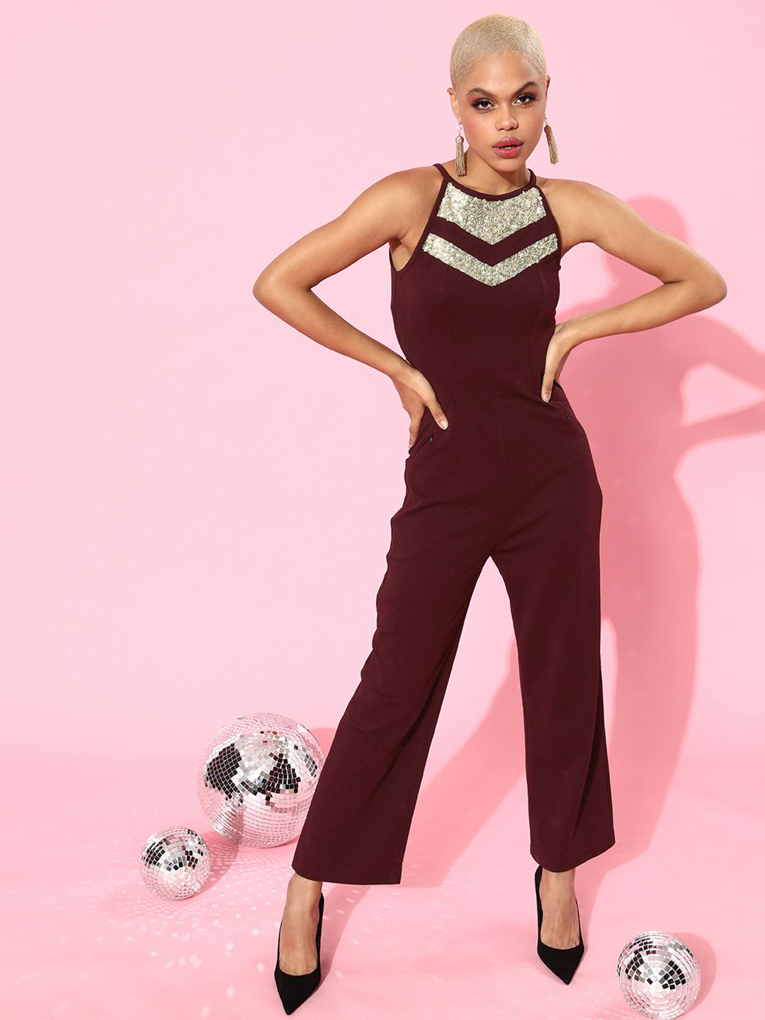Miss Chase Burgundy Sequinned Embellished Halter Neck Basic Jumpsuit Price in India