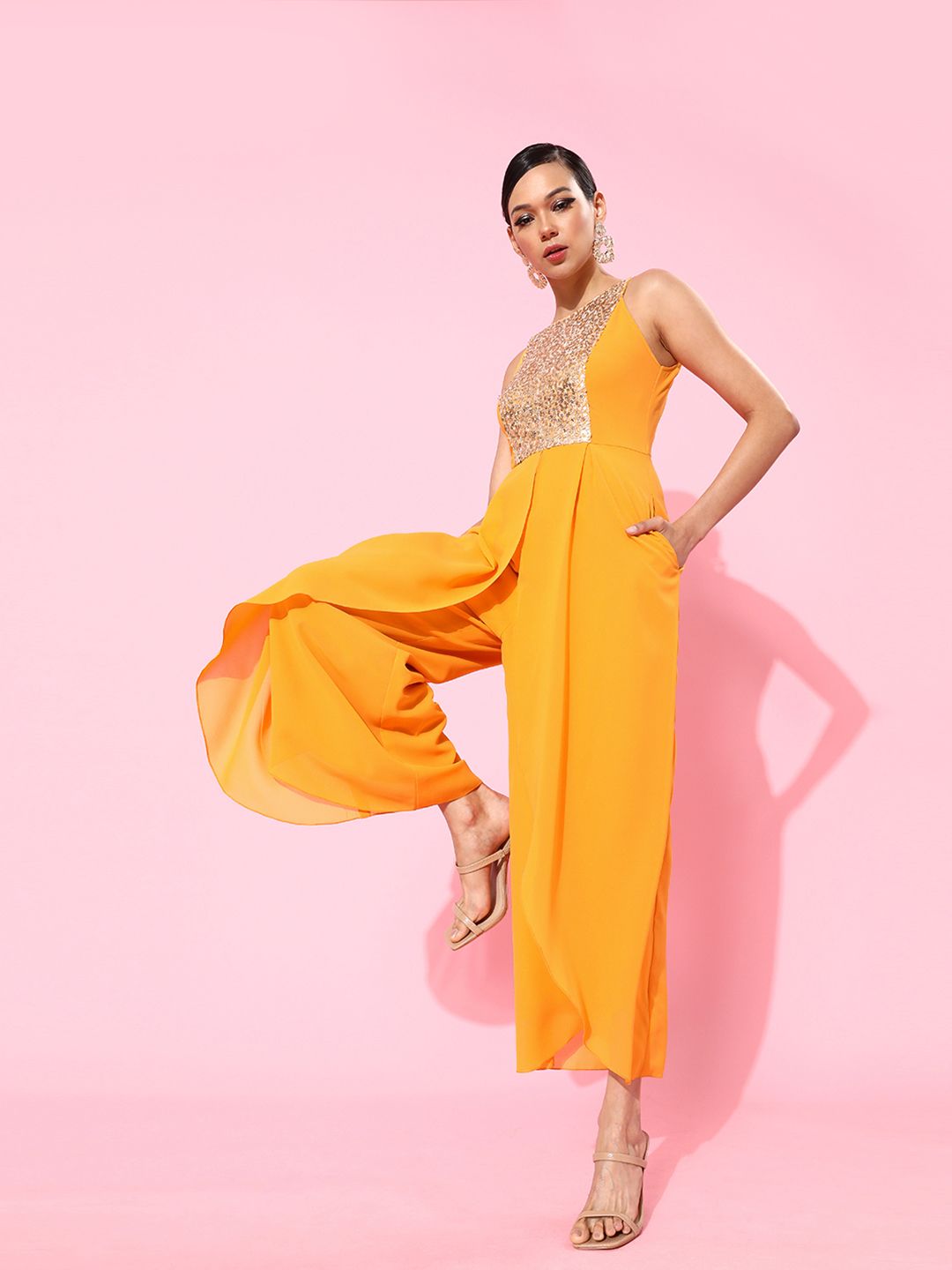 Miss Chase Mustard Sequinned Embellished Halter Neck Basic Jumpsuit Price in India