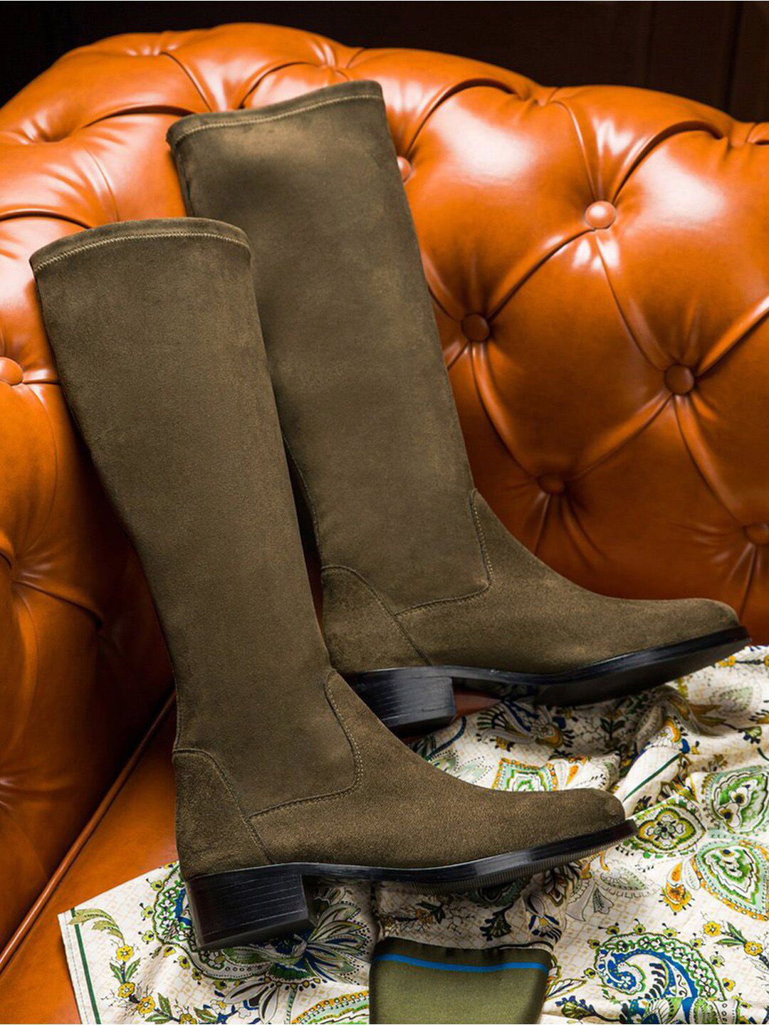 Saint G Womens Olive Green Stretch Suede Leather Knee High Boots Price in India