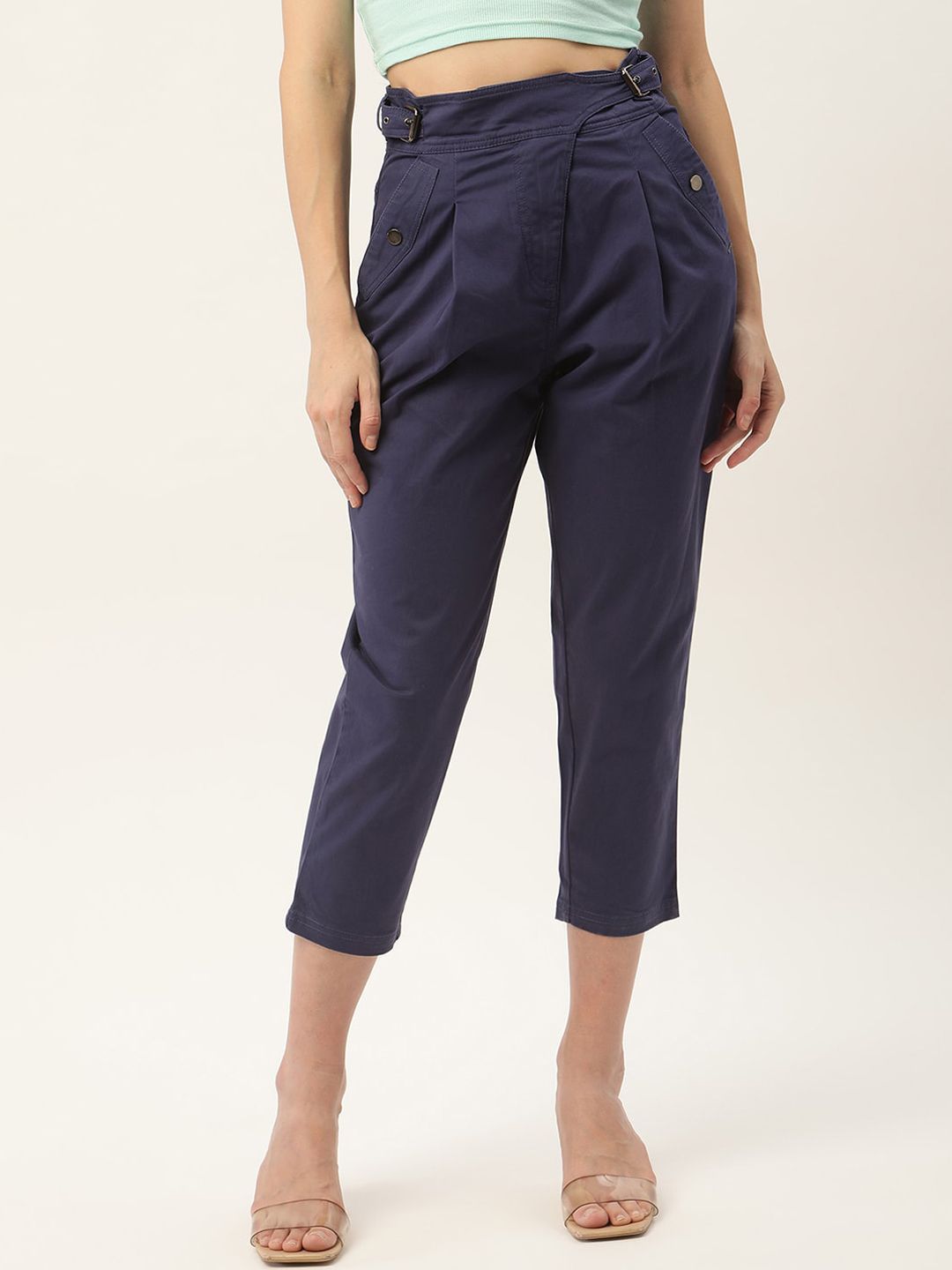 ELLE Women Navy Blue Solid Pleated Peg Trousers Price in India