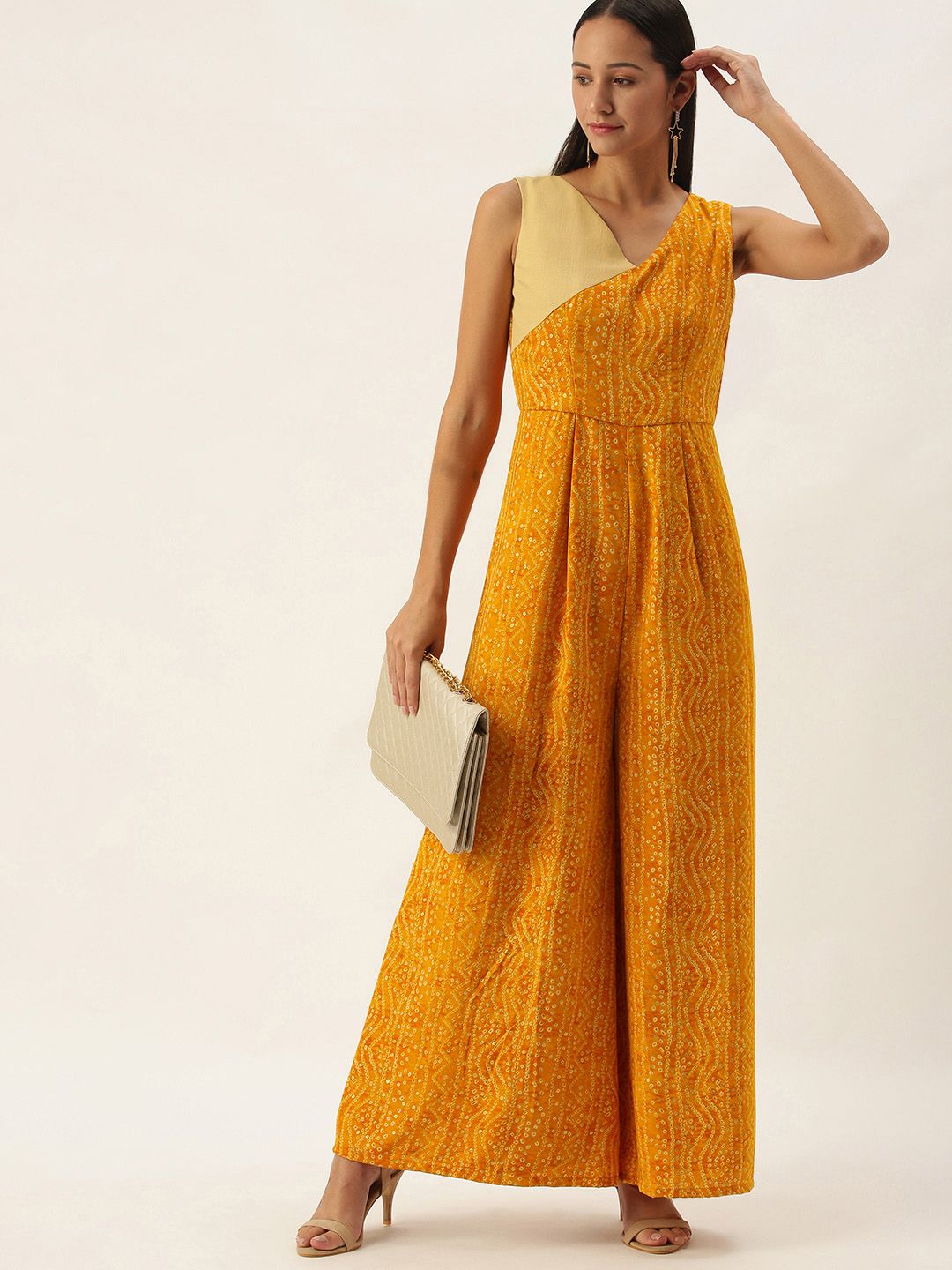 EthnoVogue Yellow Ethnic Print Pleated Basic Jumpsuit Price in India