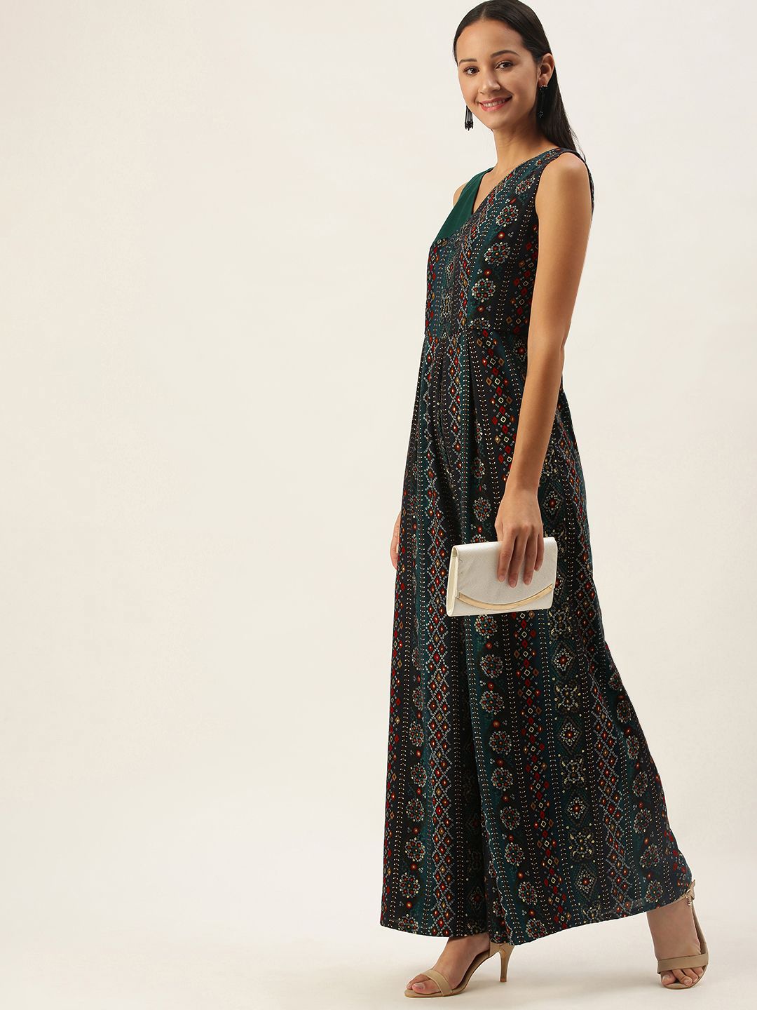 EthnoVogue Navy Blue Ethnic Print Pleated Basic Jumpsuit Price in India