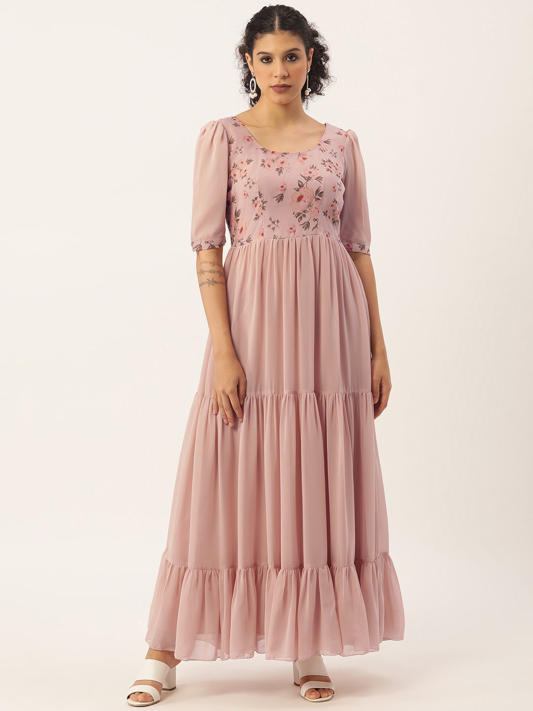 EthnoVogue Pink Floral Tiered Maxi Dress Price in India