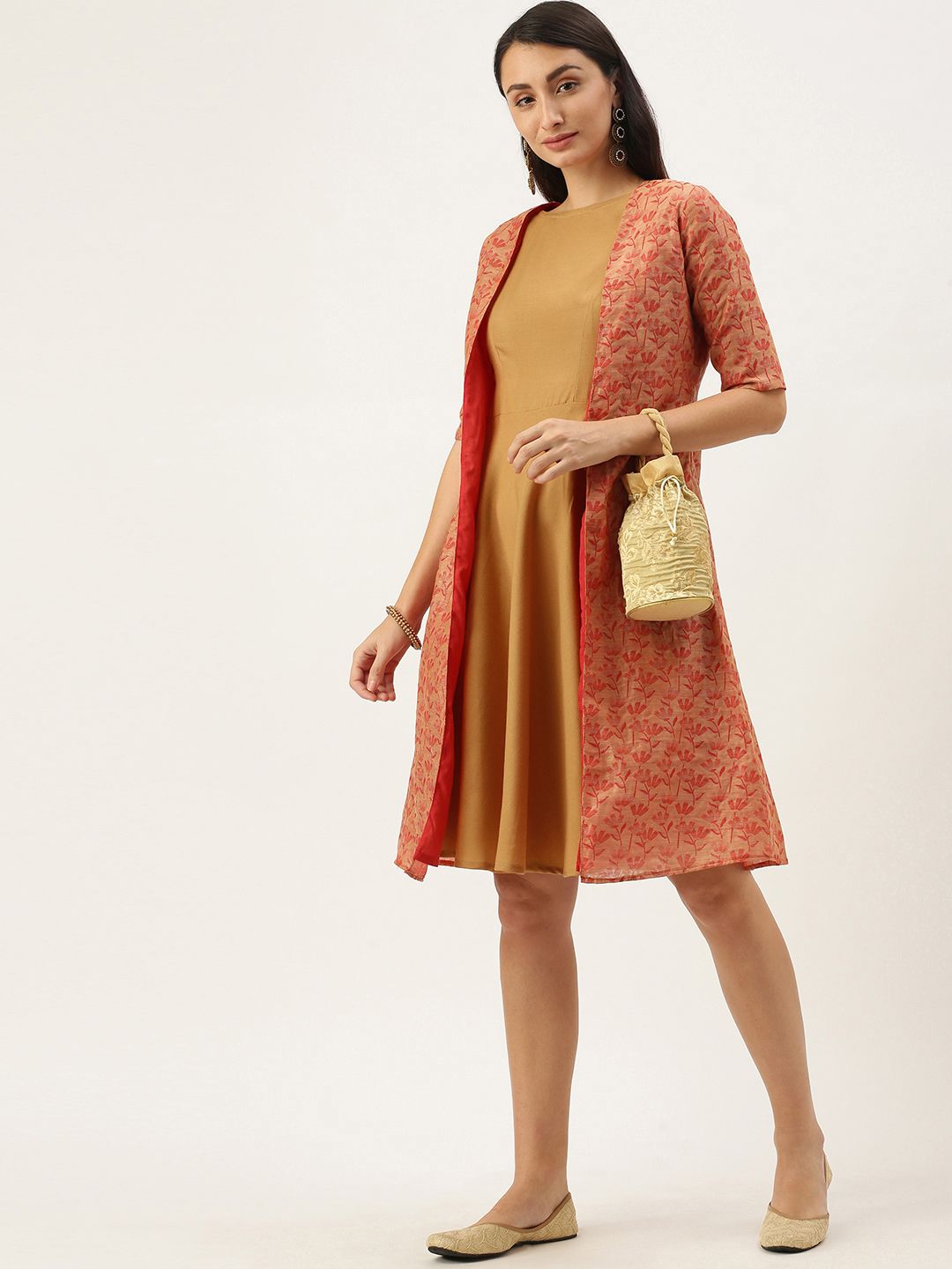 EthnoVogue Brown & Red Solid Made To Measure A-Line Dress with Chanderi Jacket Price in India