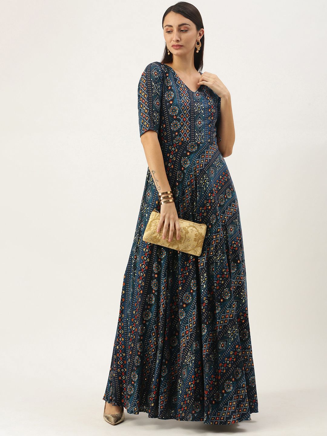 EthnoVogue Blue Printed Made To Measure Maxi Dress Price in India