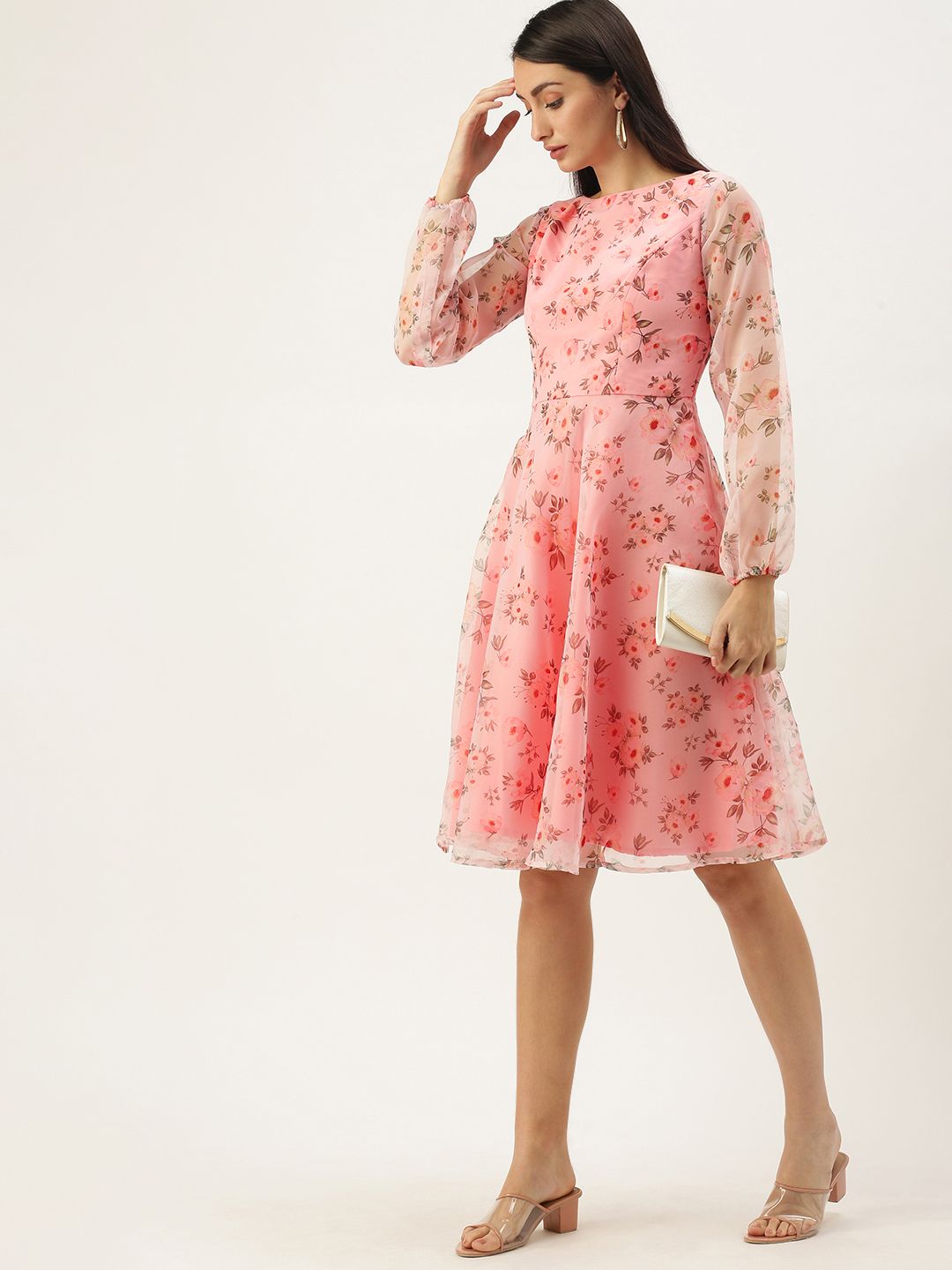 EthnoVogue Pink Floral Print Made To Measure Fit & Flare Dress Price in India