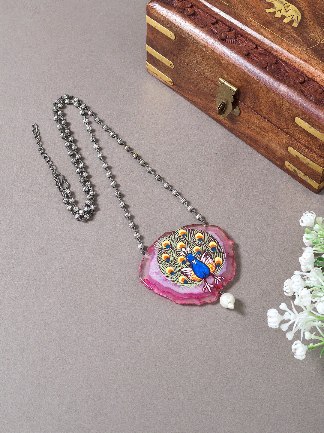 Golden Peacock Silver-Toned & Pink Hand Painted Necklace Price in India