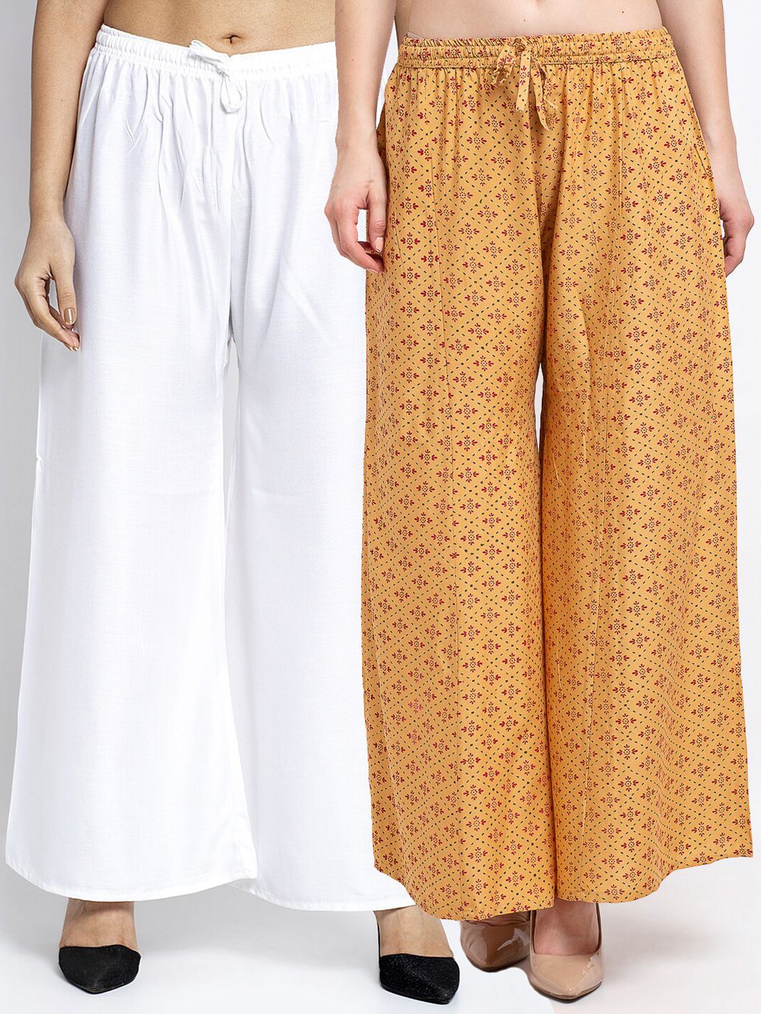 GRACIT Women Pack Of 2 White & Gold-Toned Floral Printed Knitted Ethnic Palazzos Price in India