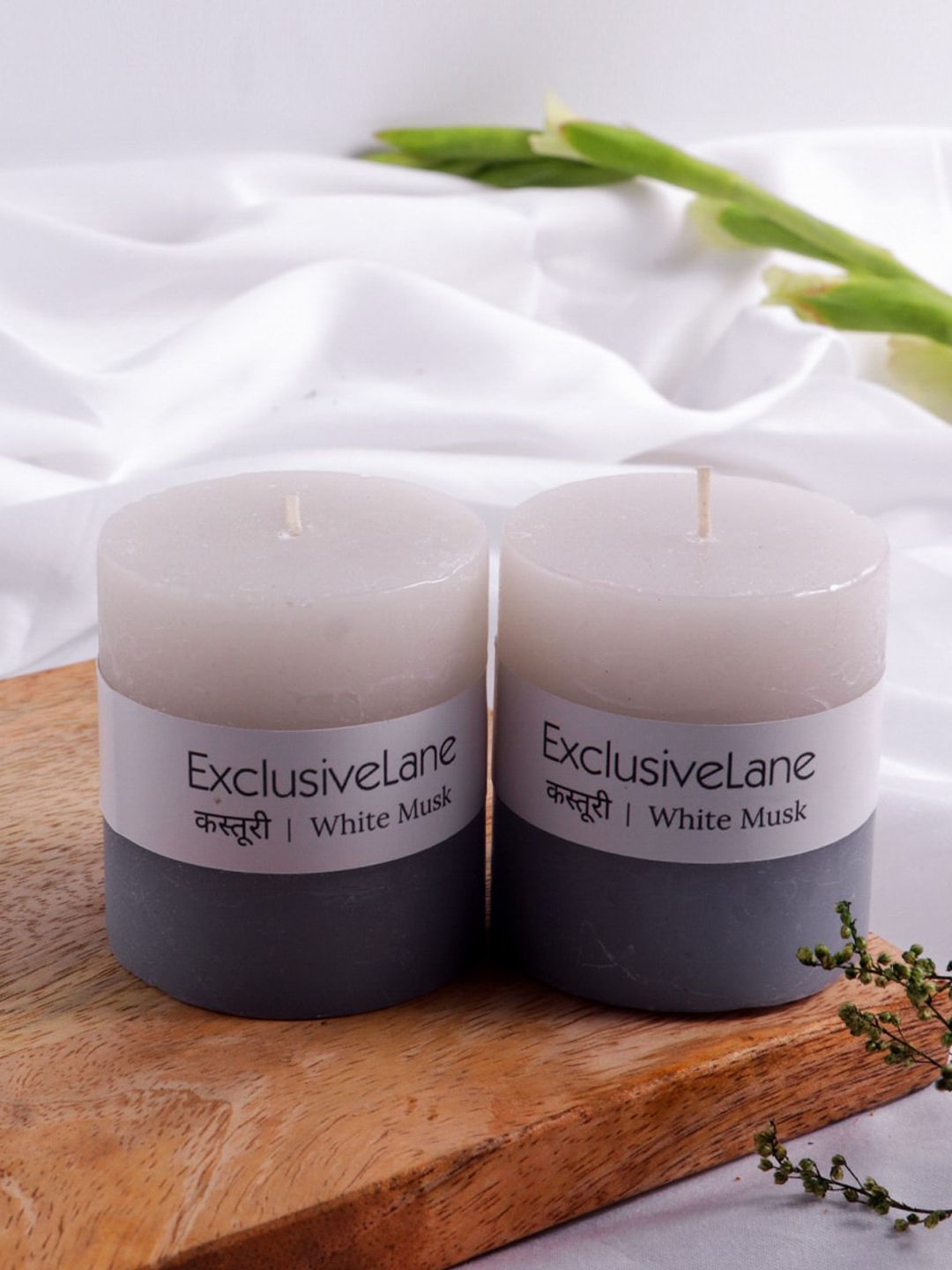 ExclusiveLane Set of 2 Handmade White Musk Scented Pillar Candle (8 Hour Burn Time Each) Price in India