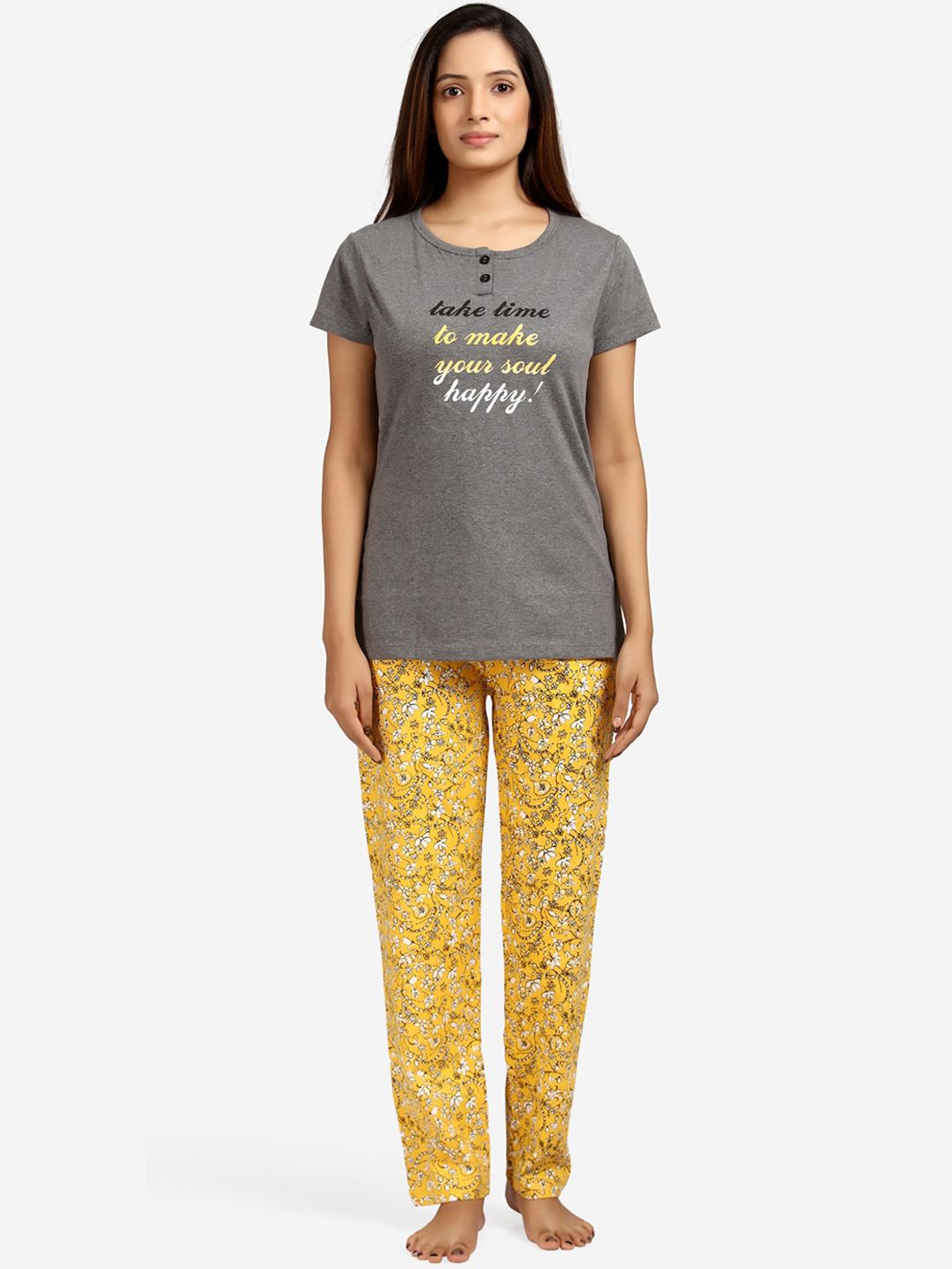 July Nightwear Women Grey & Yellow Printed Pure Cotton Night suit Price in India