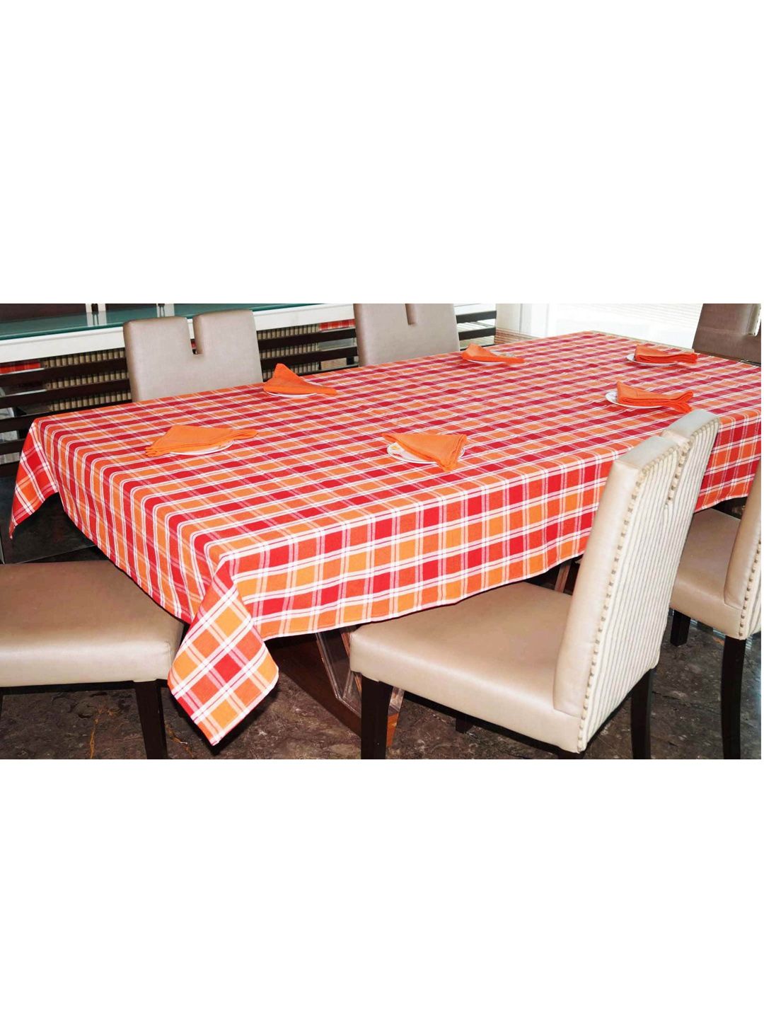 Lushomes Red & Orange Checked Cotton 6-Seater Dining Table Cloth With 6 Napkins Price in India