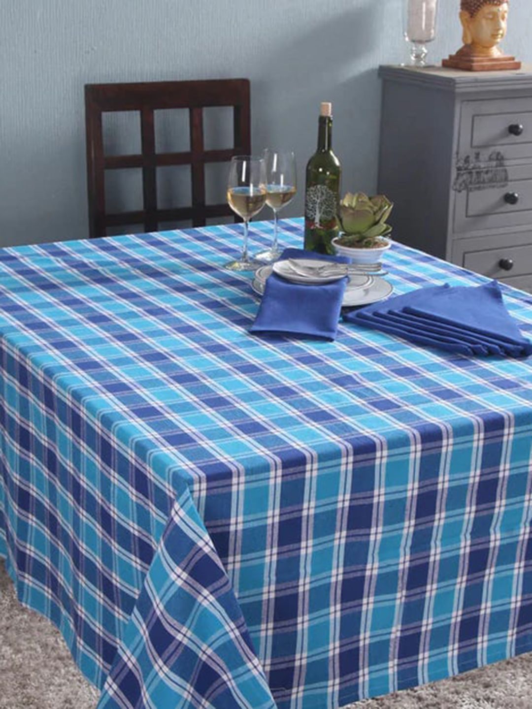Lushomes Set of 7 Blue Solid Yarn Dyed Table Linen Set Price in India