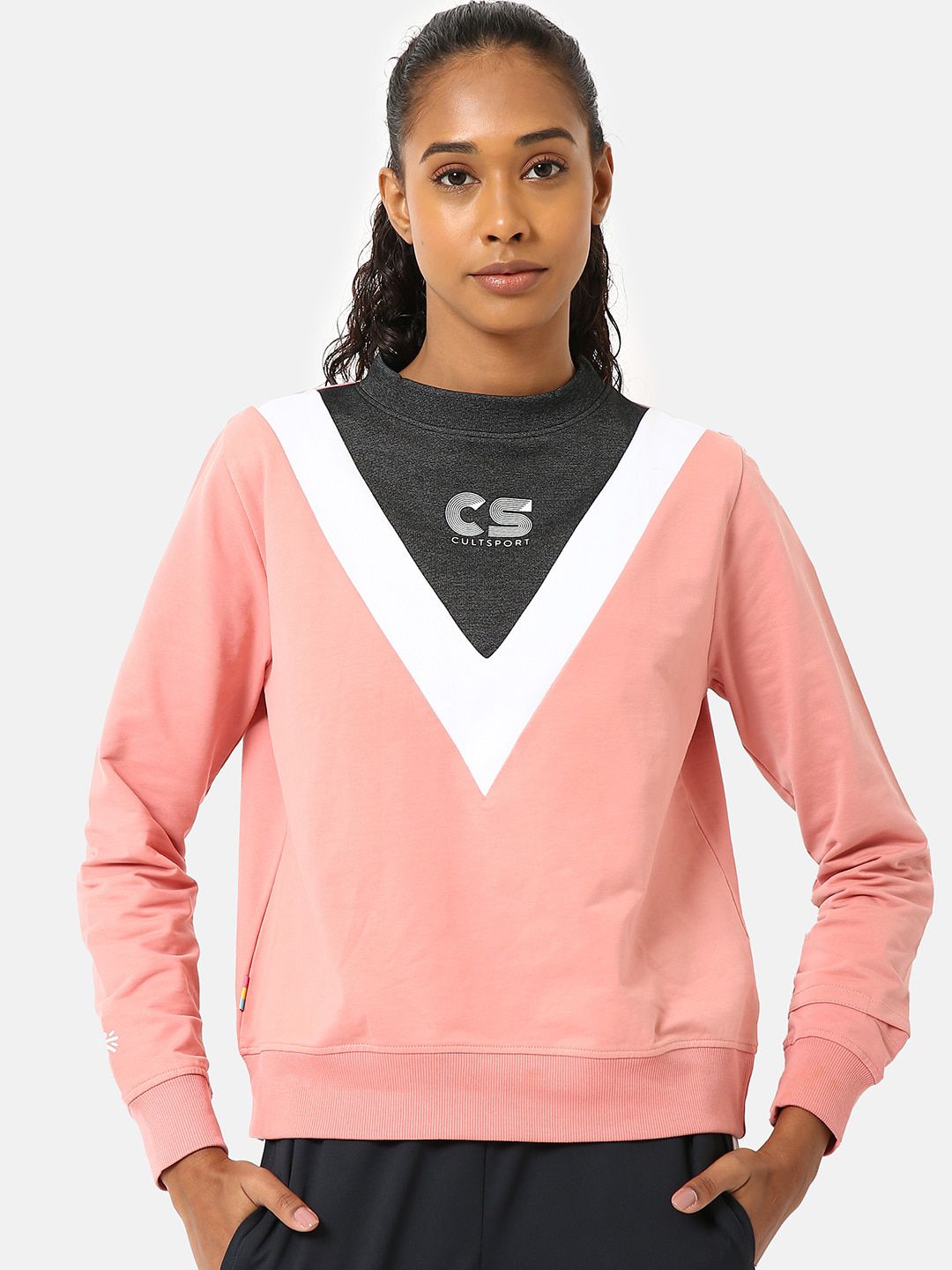 Cultsport Women Pink & Charcoal Grey Colourblocked Sweatshirt Price in India