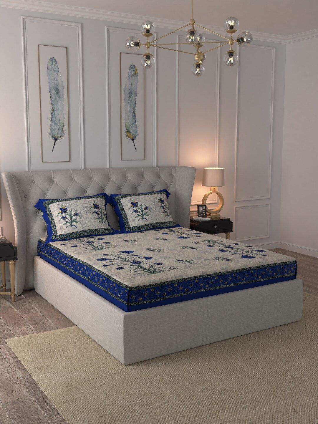 JAIPUR FABRIC Cream-Coloured & Blue Floral 210 TC Queen Bedsheet with 2 Pillow Covers Price in India