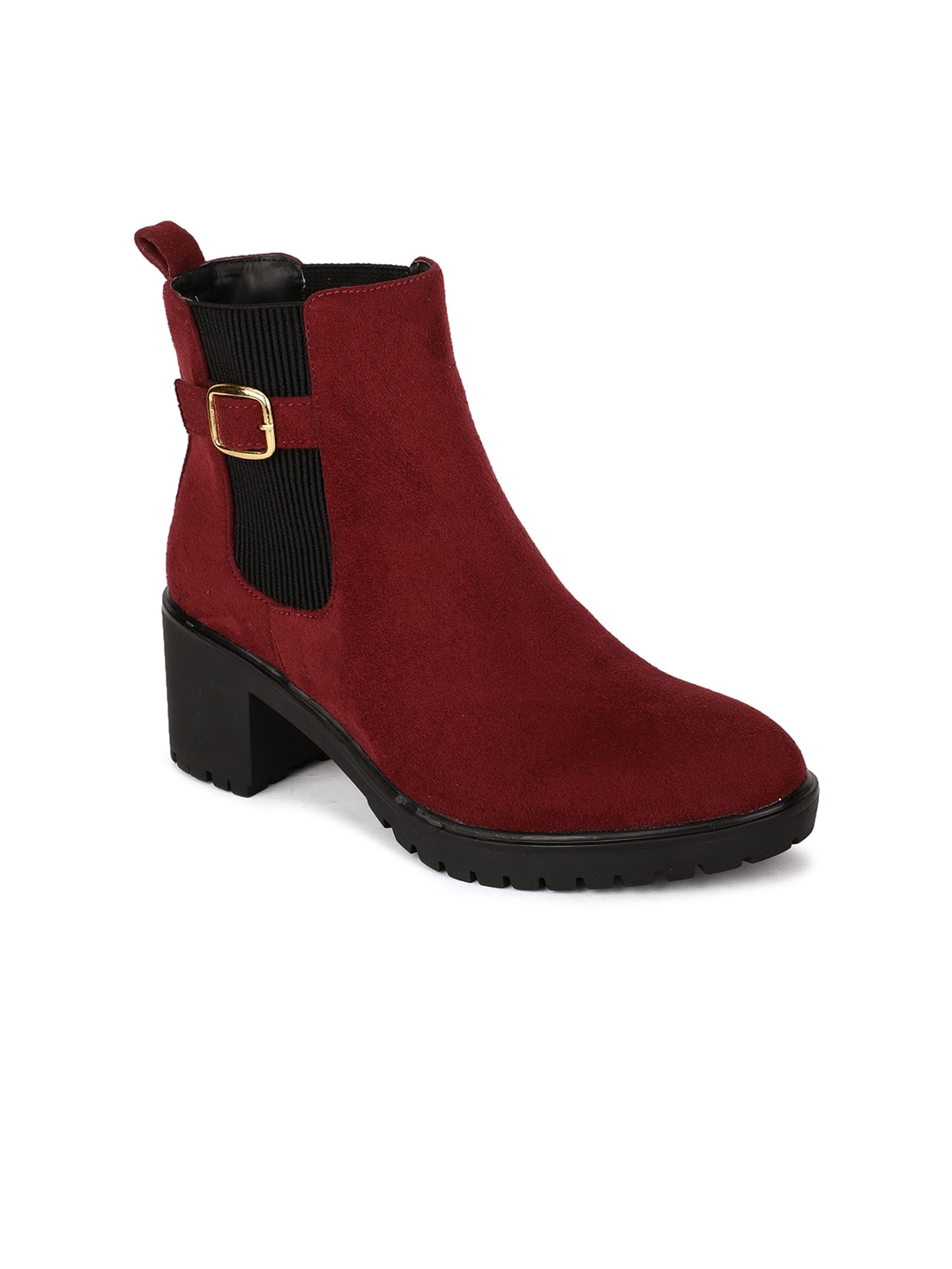 Bruno Manetti Maroon Suede Block Heeled Boots with Buckles Price in India