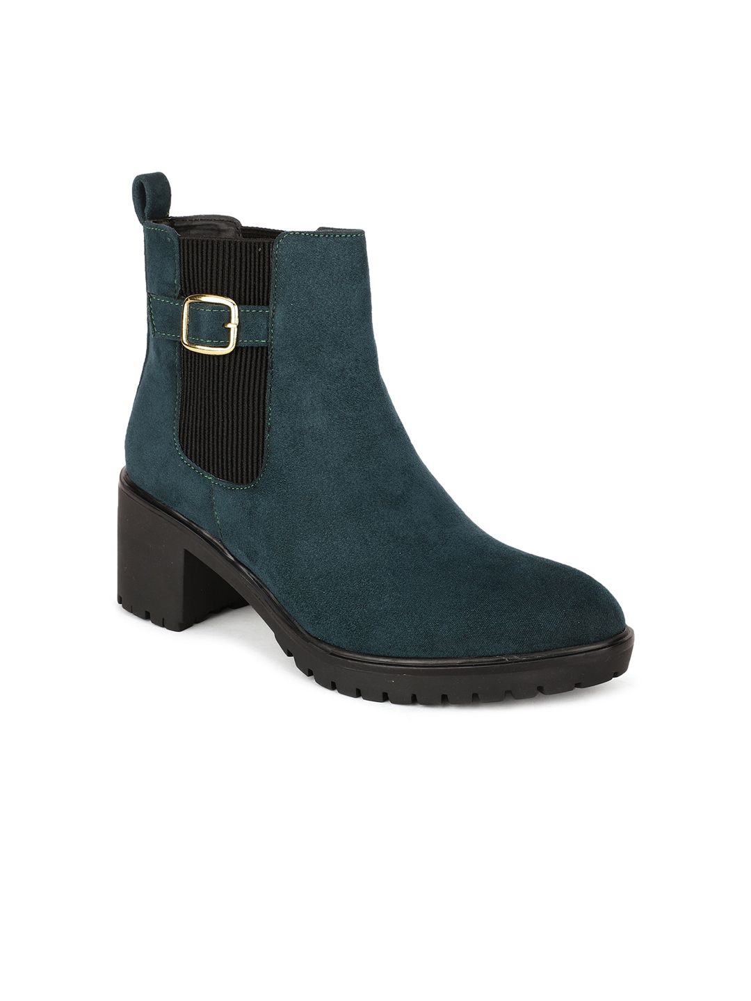 Bruno Manetti Women Green Suede Block Heeled Boots with Buckles Price in India