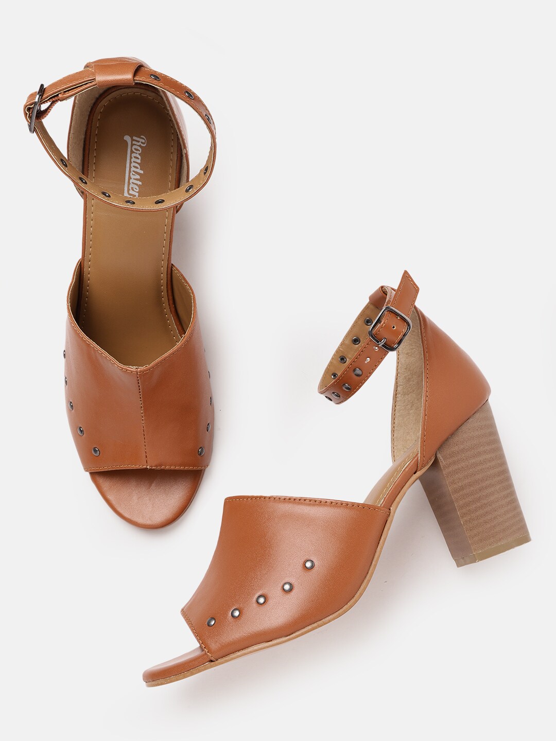 Roadster Tan Brown Solid Mid-Top Block Mules with Metallic Detail Price in India