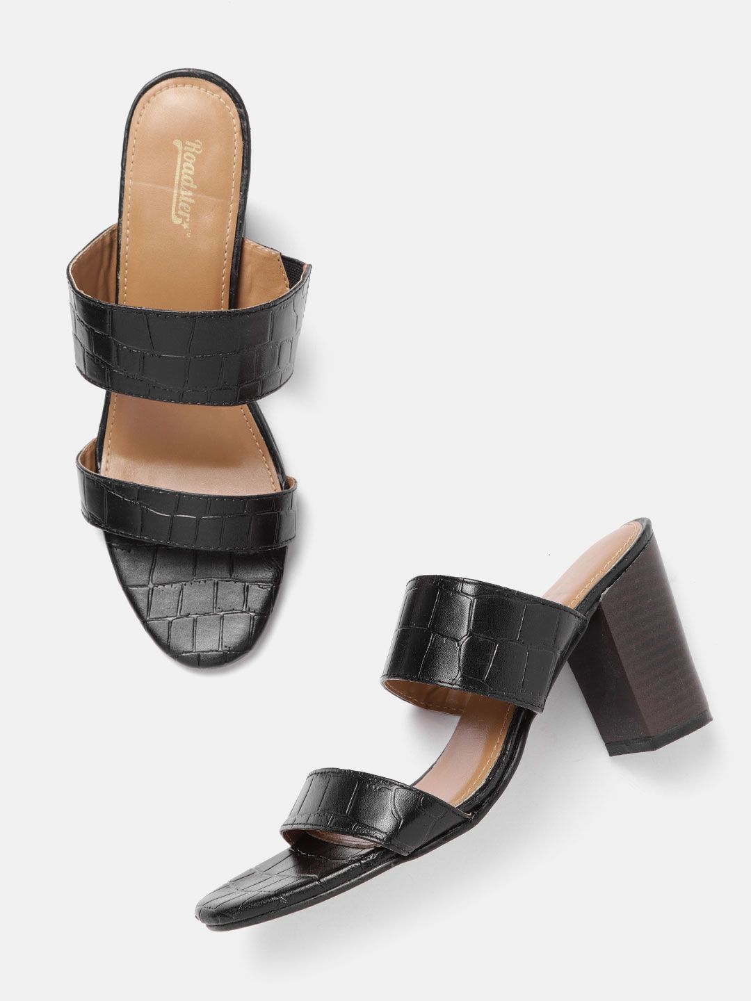 The Roadster Lifestyle Co Black Croc Textured Block Heels Price in India