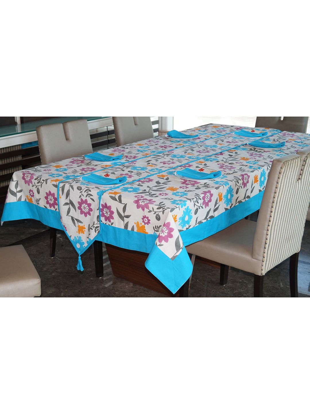 Lushomes White & Blue Printed Cotton 6-Seater 8-Pieces Dining Table Linen Set Price in India