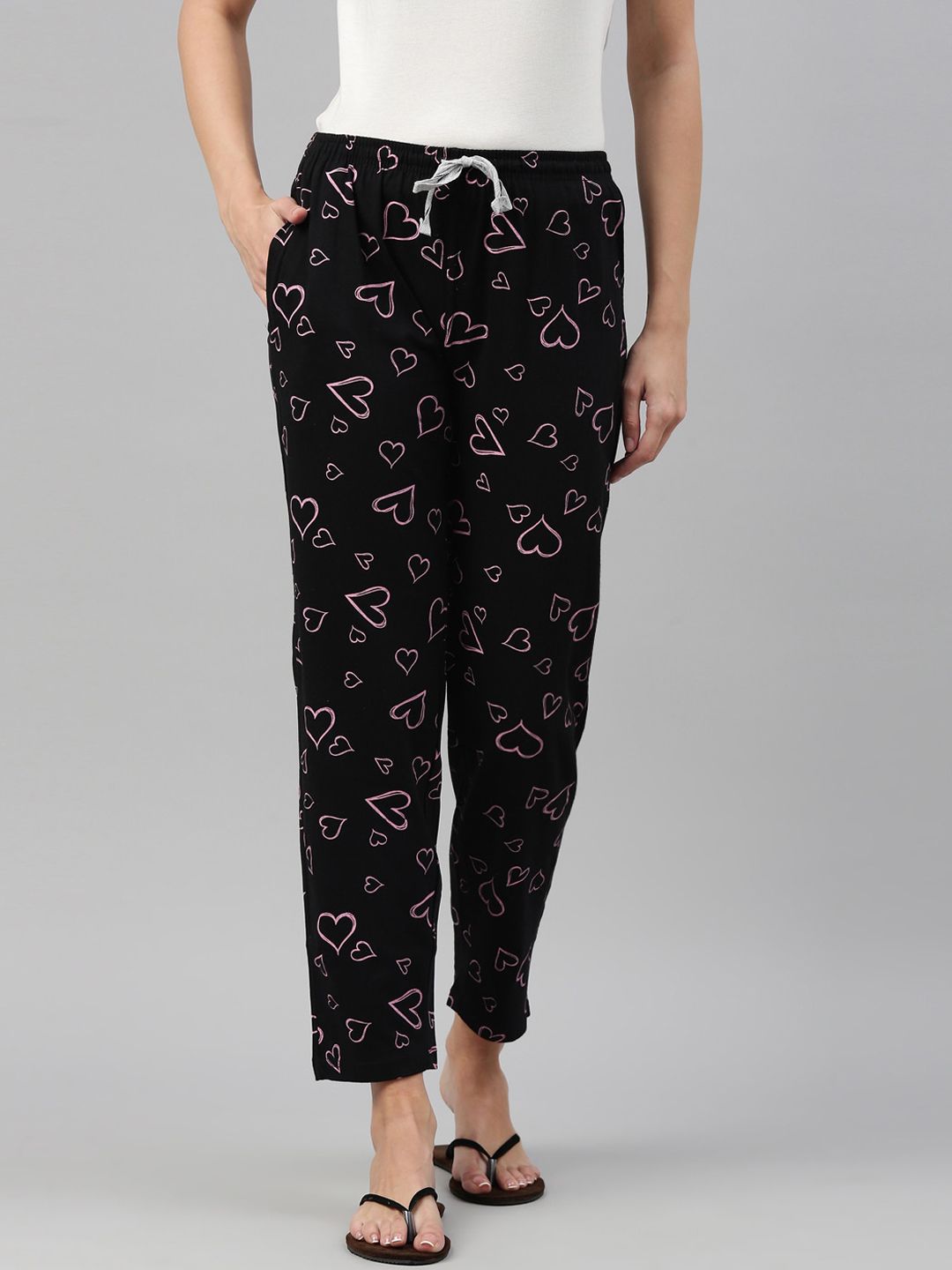 Kryptic Women Black & Pink Printed Pure Cotton Lounge Pants Price in India