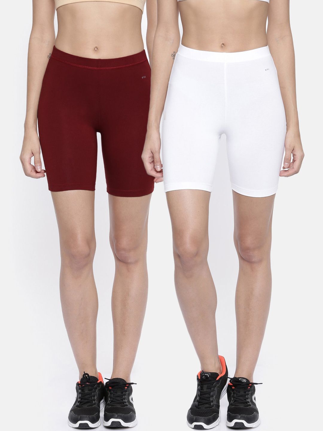Bitz Women Pack of 2 White & Maroon Organic Cotton Stretch Biker Shorts Price in India