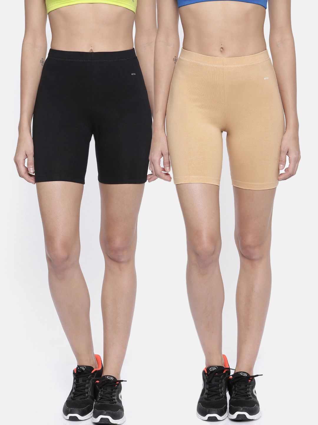 Bitz Women Pack of 2 Beige & Black Organic Cotton Stretch Biker Shorts Price in India