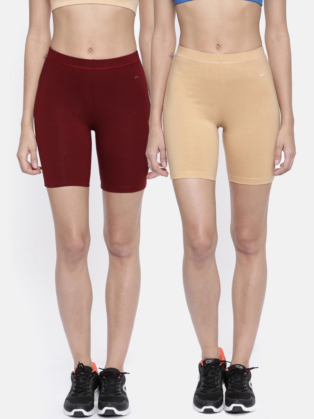 Bitz Women Pack of 2 Beige & Maroon Organic Cotton Stretch Biker Shorts Price in India