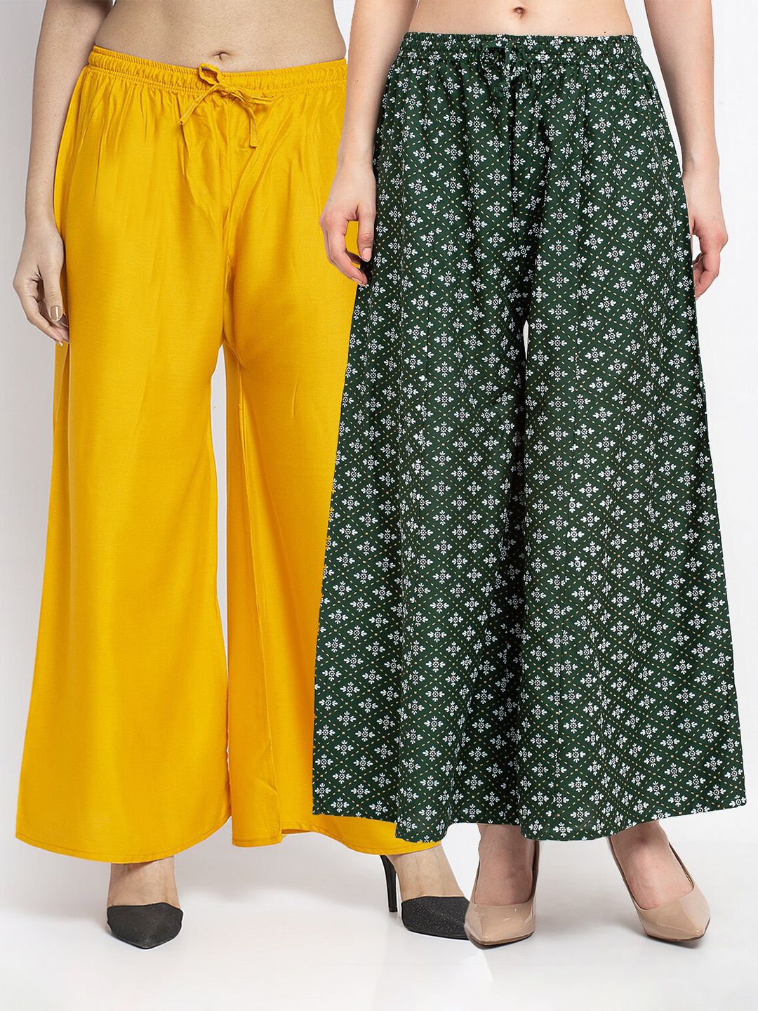 GRACIT Women Yellow & Green Pack Of 2 Floral Printed Knitted Ethnic Palazzos Price in India