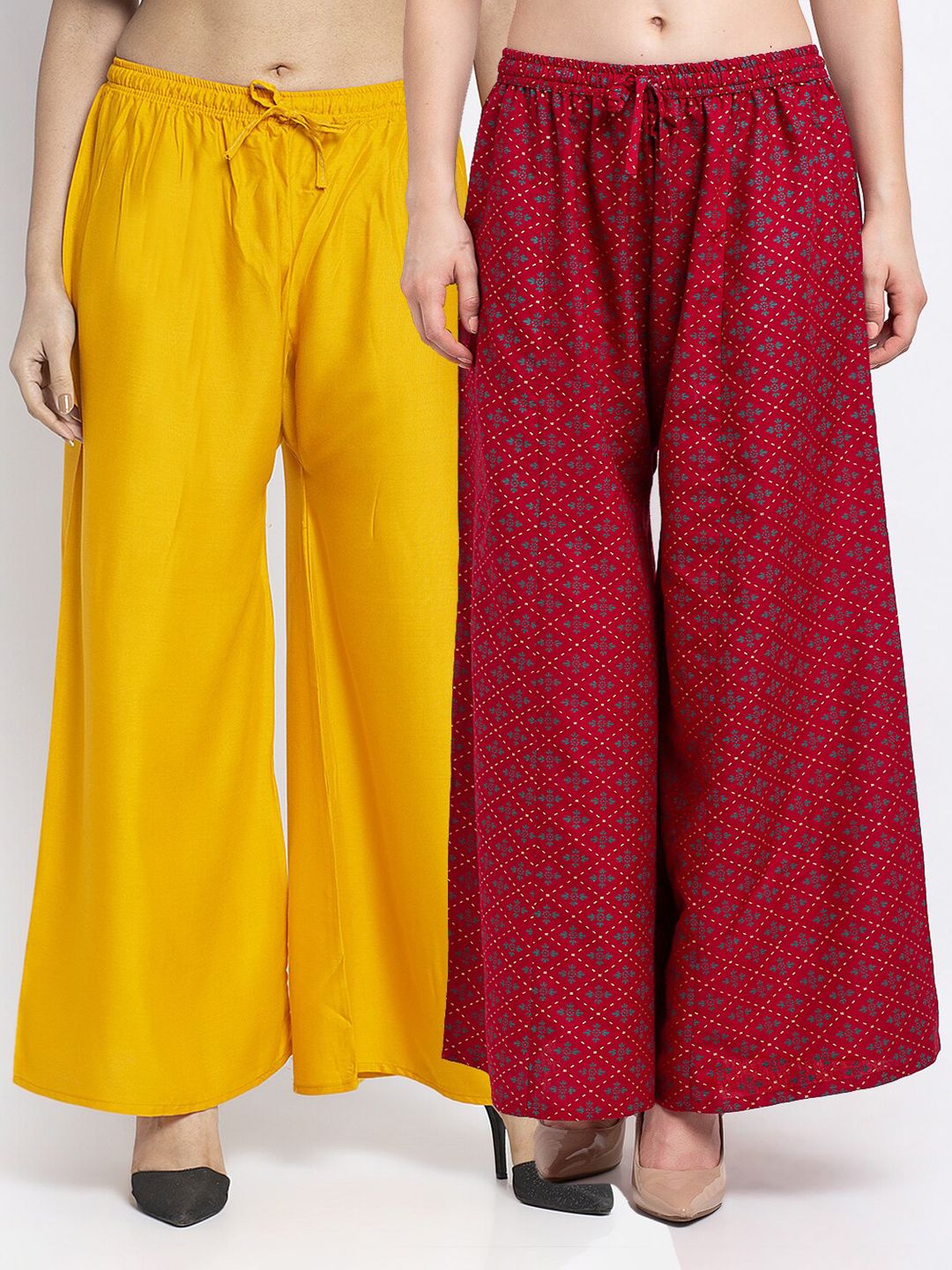 GRACIT Women Yellow & Maroon Pack Of 2 Floral Printed Knitted Ethnic Palazzos Price in India