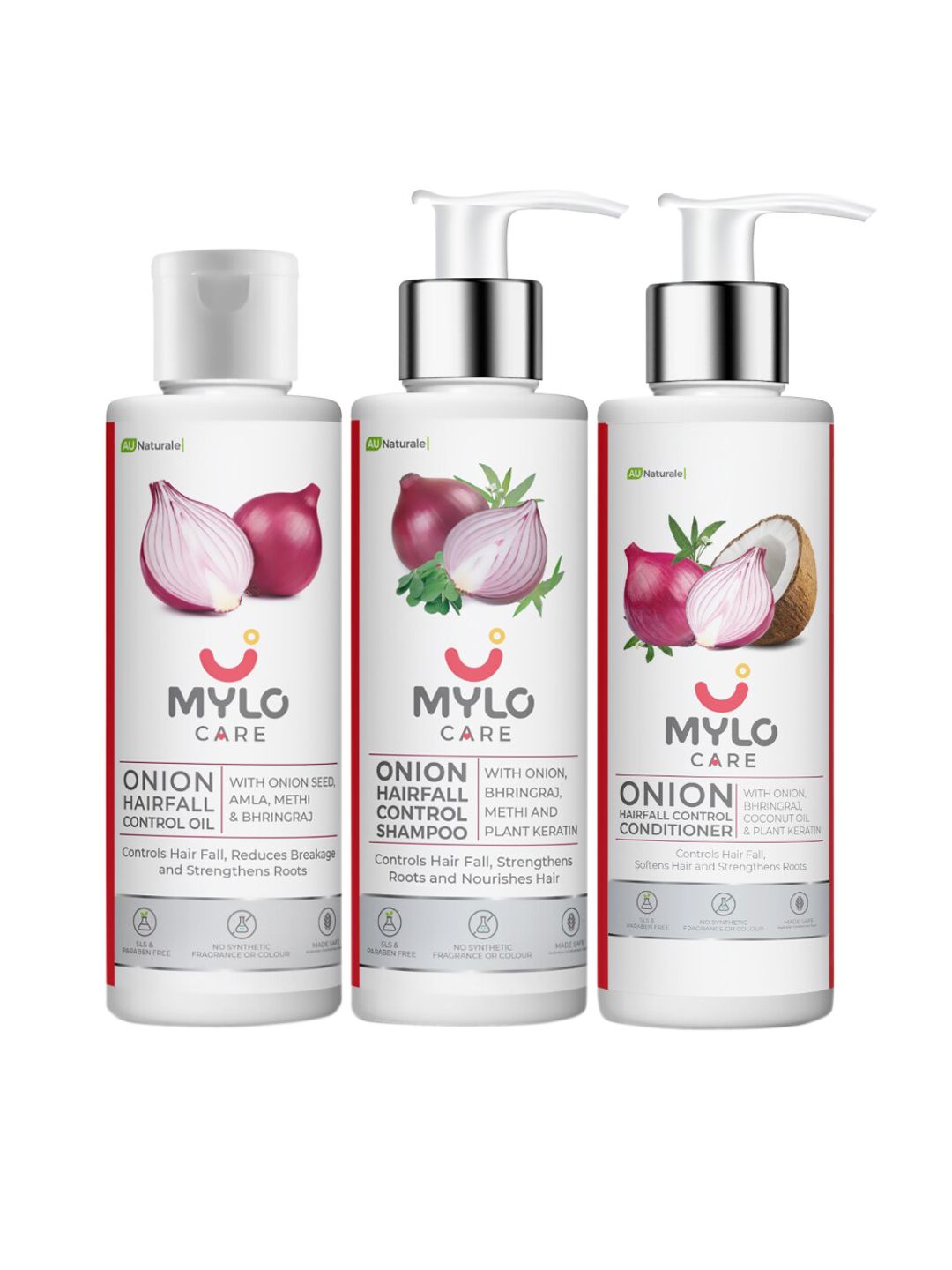 MYLO CARE Anti Hair Fall Onion Care Range- Shampoo, Conditioner & Oil 200ml Each Price in India