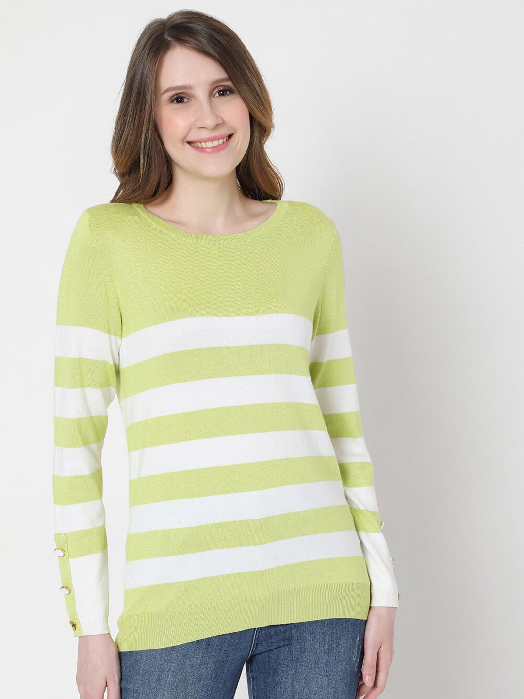 Vero Moda Women Green & White Striped Pullover Price in India