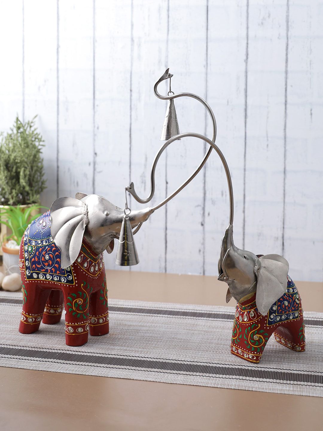 Aapno Rajasthan Set Of 2 Silver & Blue Elephant Figurine Showpiece Set Price in India