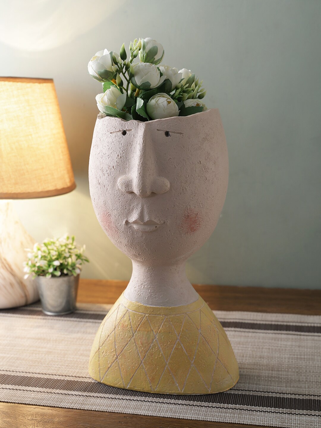 TAYHAA White & Yellow Potrait Ceramic Flower Vase Price in India