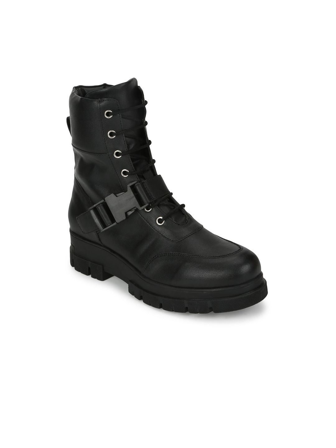 Truffle Collection Women Black Solid High-Top Heeled Boots with buckle Price in India