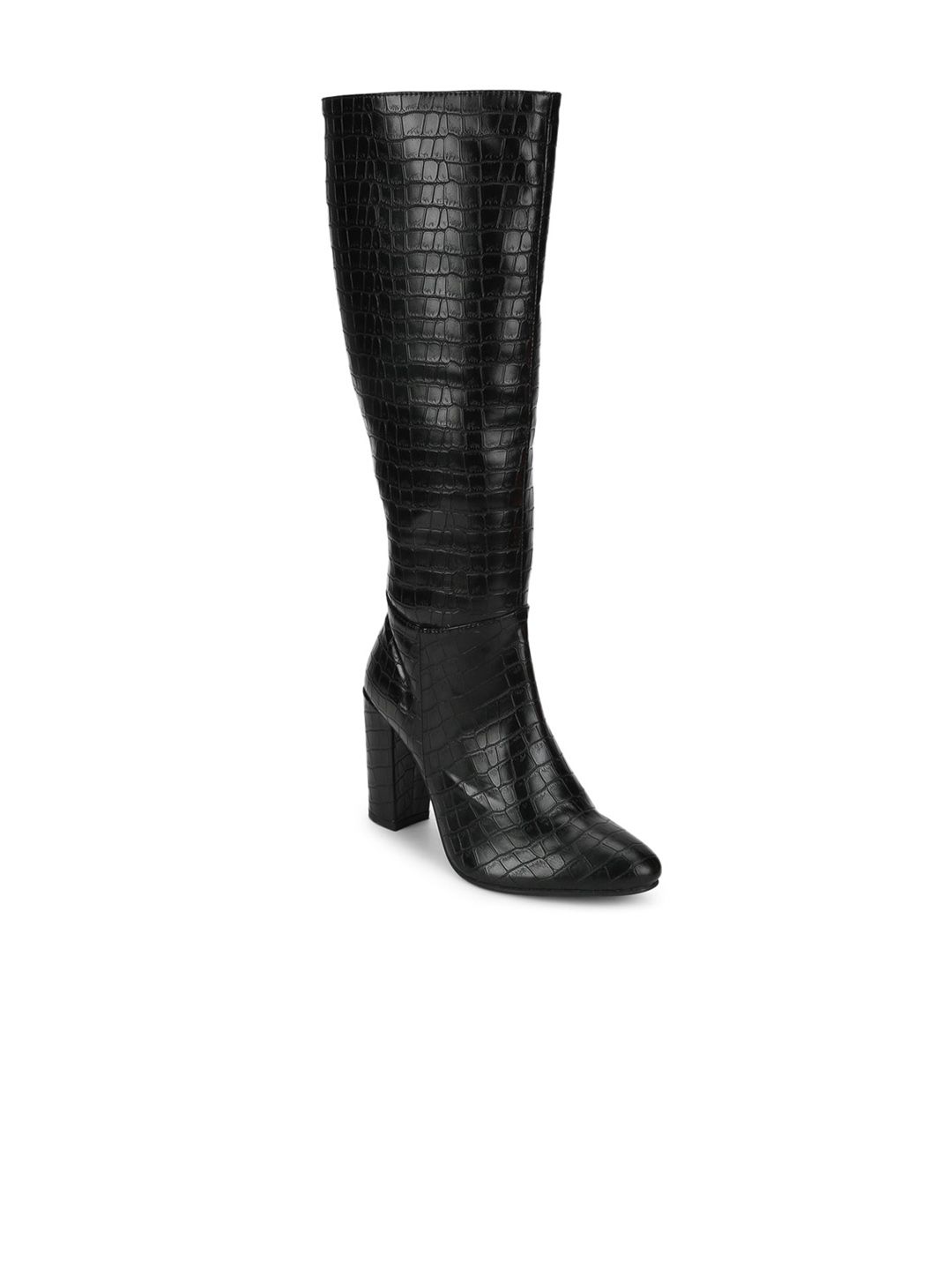 Truffle Collection Women Black Textured PU High-Top Block Heeled Boots Price in India