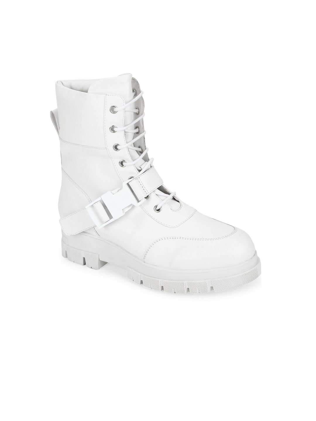 Truffle Collection Women White PU High-Top Flatform Heeled Boots with Buckles Price in India
